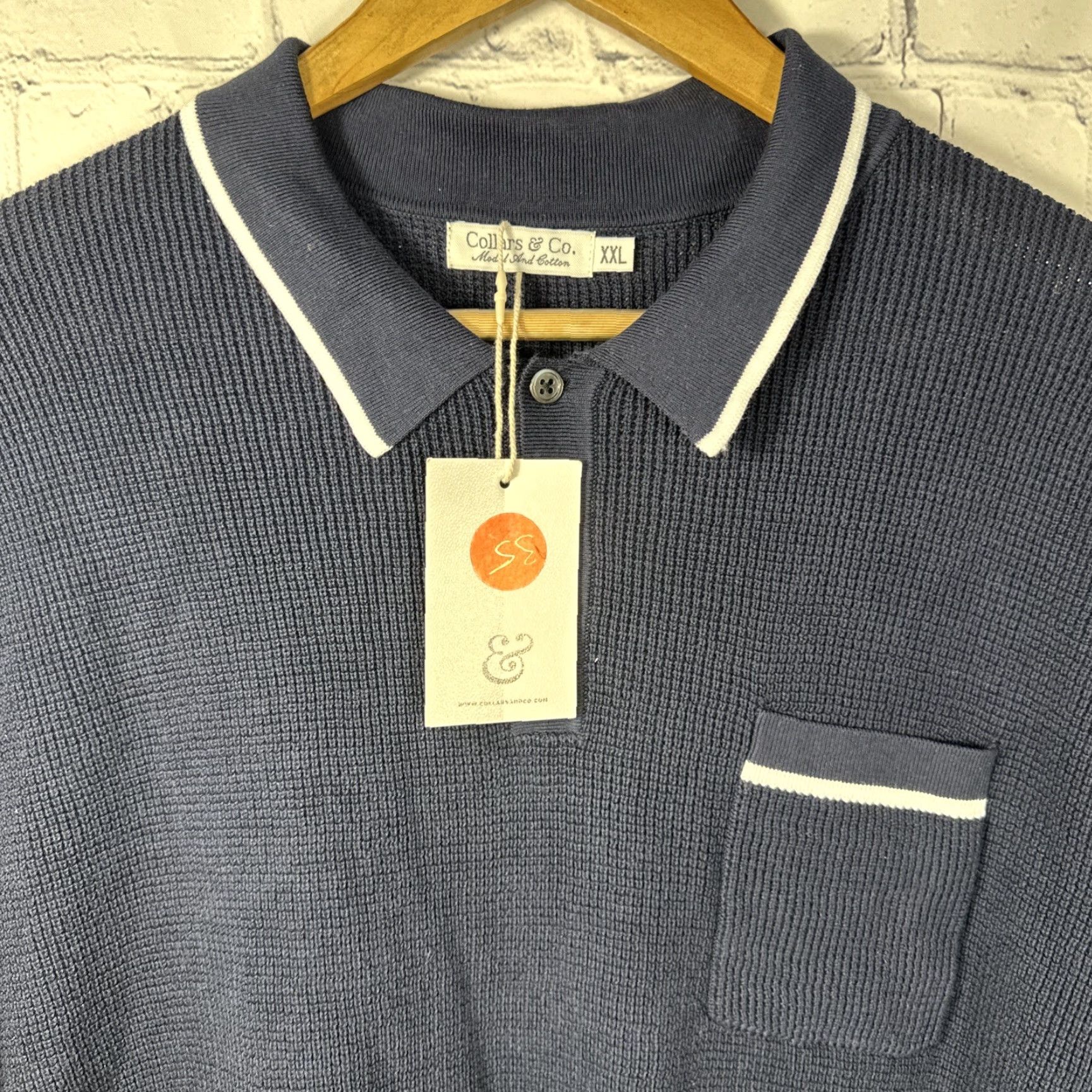 CO Collars & Co Riviera Waffle Knit Polo Blue White 2XL Polo Men Classic Pockets Knit 100% Cotton Modal Shirt Short Sleeve Button Closure Size US XXL / EU 58 / 5 - 2 Thumbnail