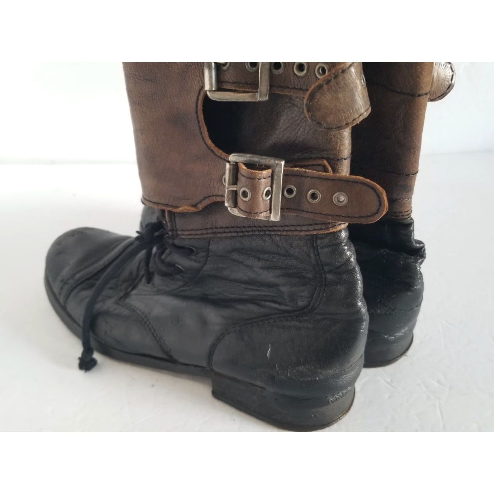 Allsaints VINTAGE AllSaints Combat Boots Womens 38 US 7.5 Black Brown Leather Distressed Leather Lined Buckle Adjustable Strap Cap Toe Ankle Bootes? Size US 8 / IT 38 - 4 Thumbnail