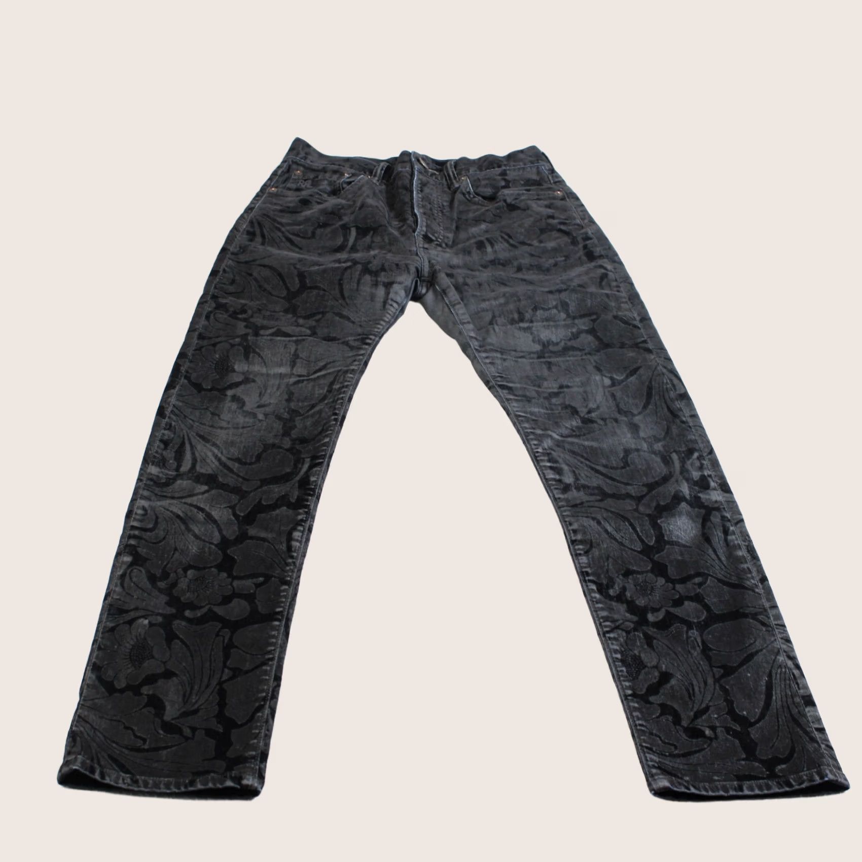 Denime RRL Jeans Women 27 Black Dark Wash Slim Straight Floral Denim Stretch Burn Out Size 27" / US 4 / IT 40 - 1 Thumbnail