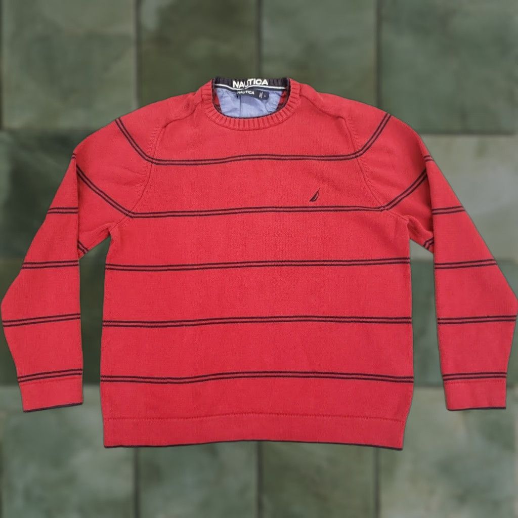 Nautica Nautica Mens Sweater Large Red Crew Neck Pullover Long Sleeve Striped Size US L / EU 52-54 / 3 - 1 Thumbnail