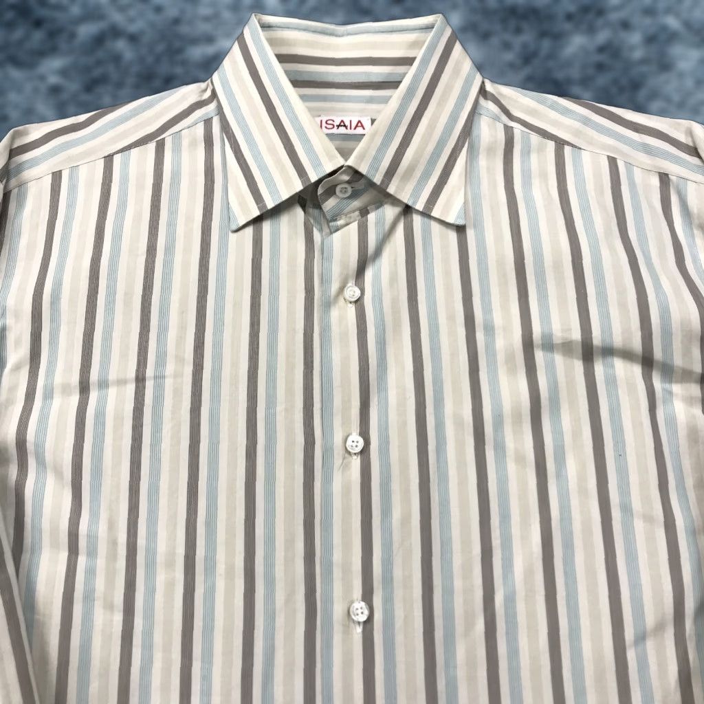 Isaia VINTAGE Isaia Napoli Shirt Mens 17 43 Cream Blue Striped Italy Dress Designer Barrel Size 46R - 1 Thumbnail
