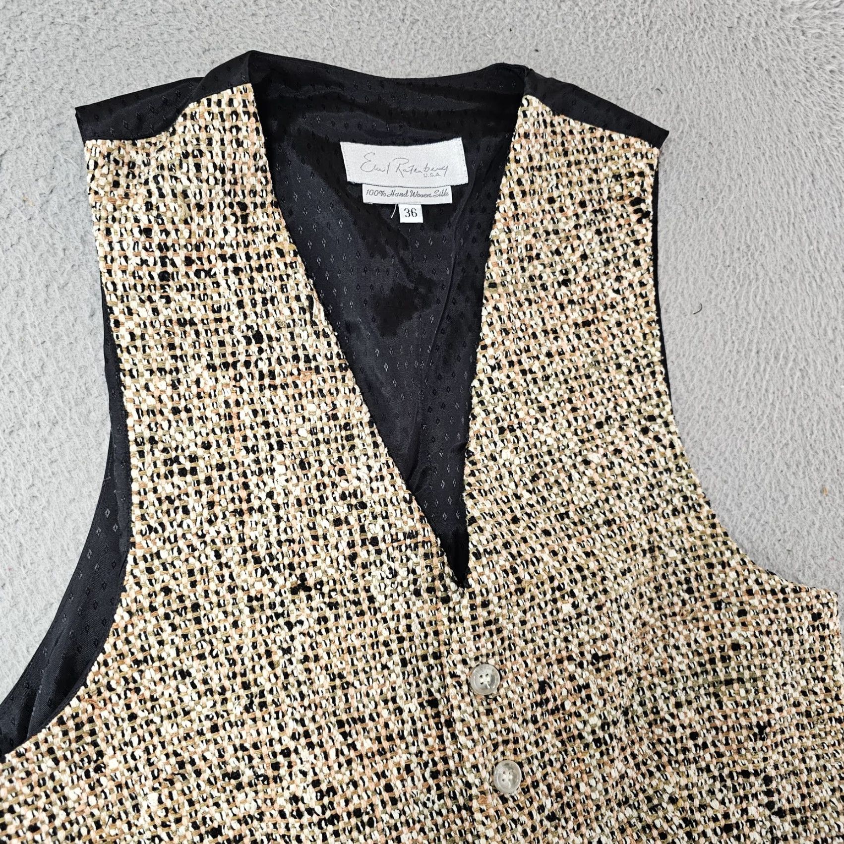 Vintage VINTAGE Earl Ratenburg Vest Womens 36 Beige Black Hand Woven Silk Made USA Size XS / US 0-2 / IT 36-38 - 2 Thumbnail