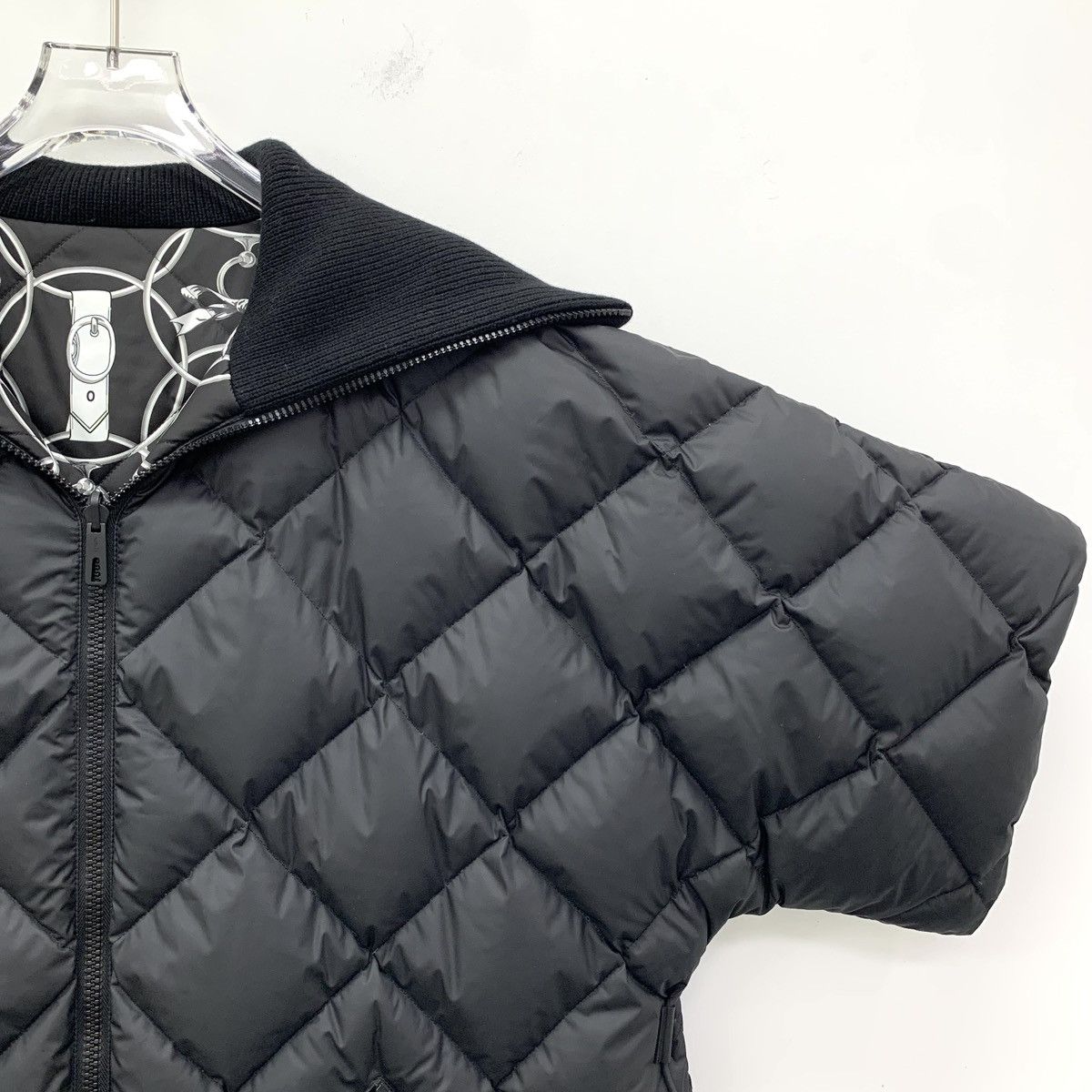 Hermes Black Diamond Check Geometric Print Zipper Down Coat