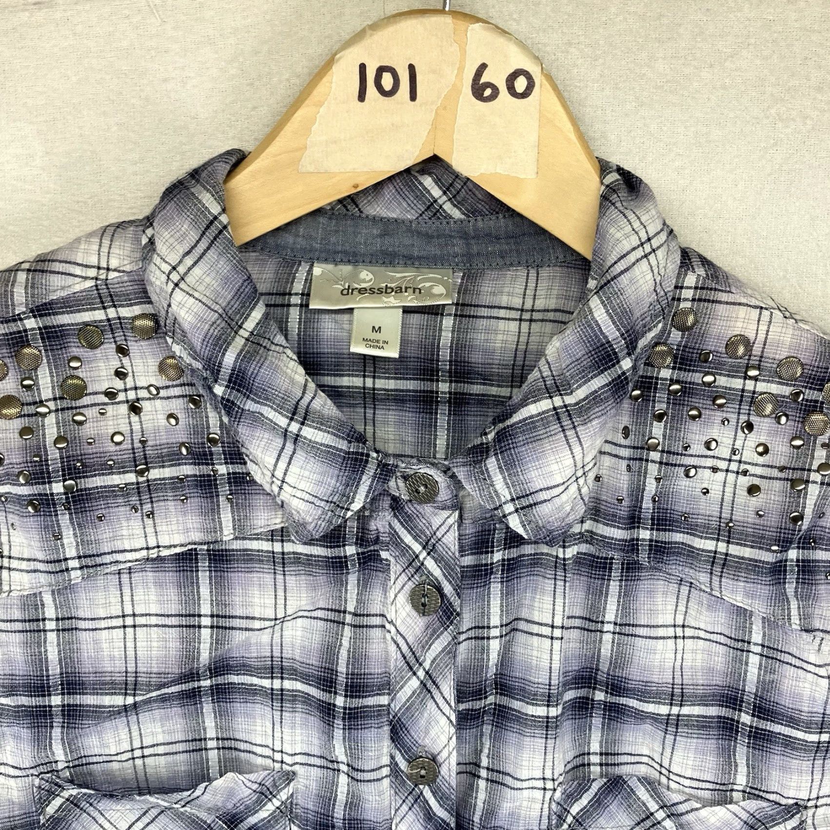 Vintage Dressbarn Women's Western Shirt Plaid Button-Up 90s Purple M Long Sleeve Roll Tab Collar Lightweight Metallic Accents Bling Shoulders Cowgirl Casual Size M / US 6-8 / IT 42-44 - 4 Thumbnail