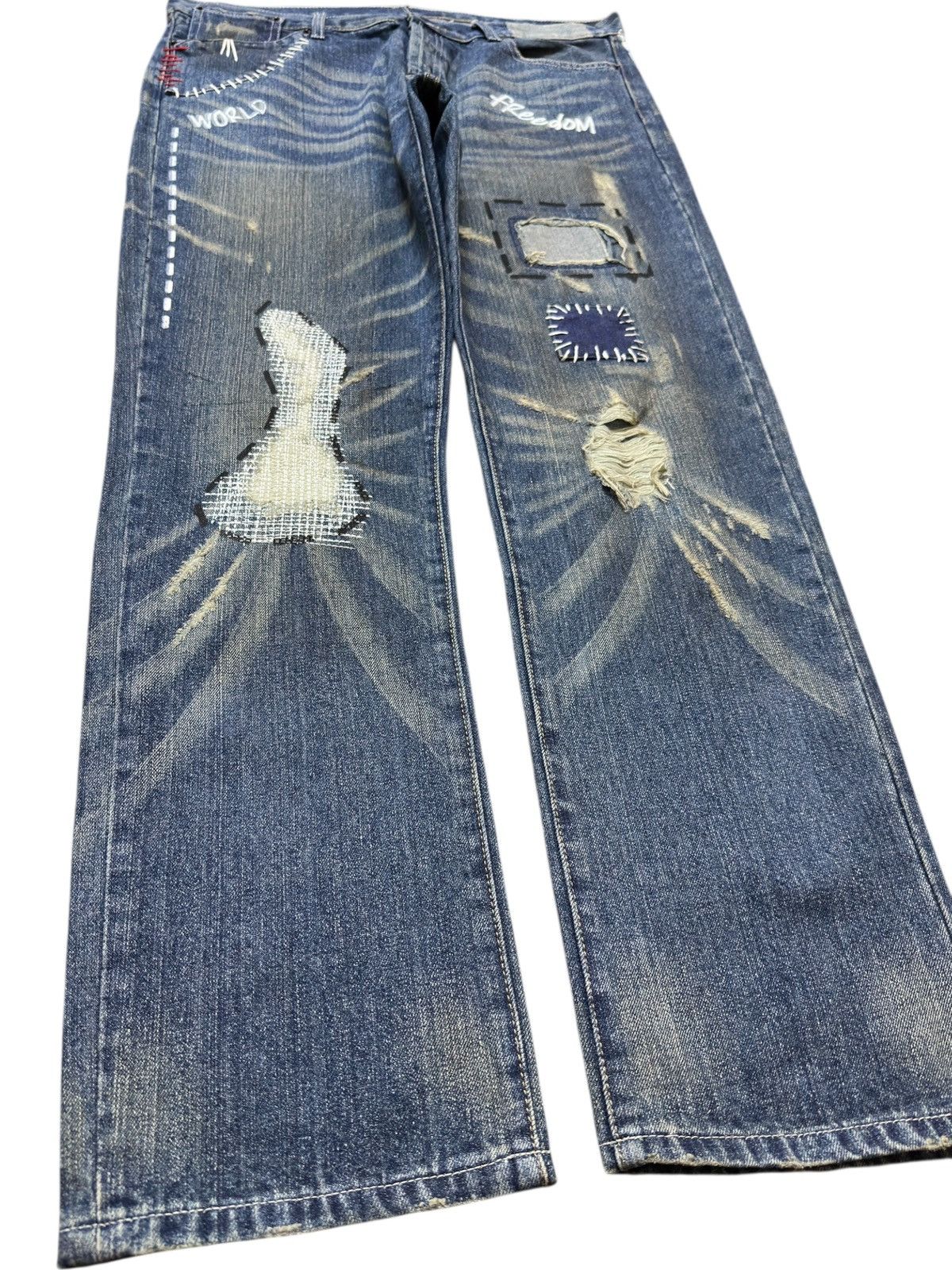 Le Grande Bleu (L.G.B.) Vintage Japanese Brand Art Works Painted Denim Size US 37 - 3 Thumbnail