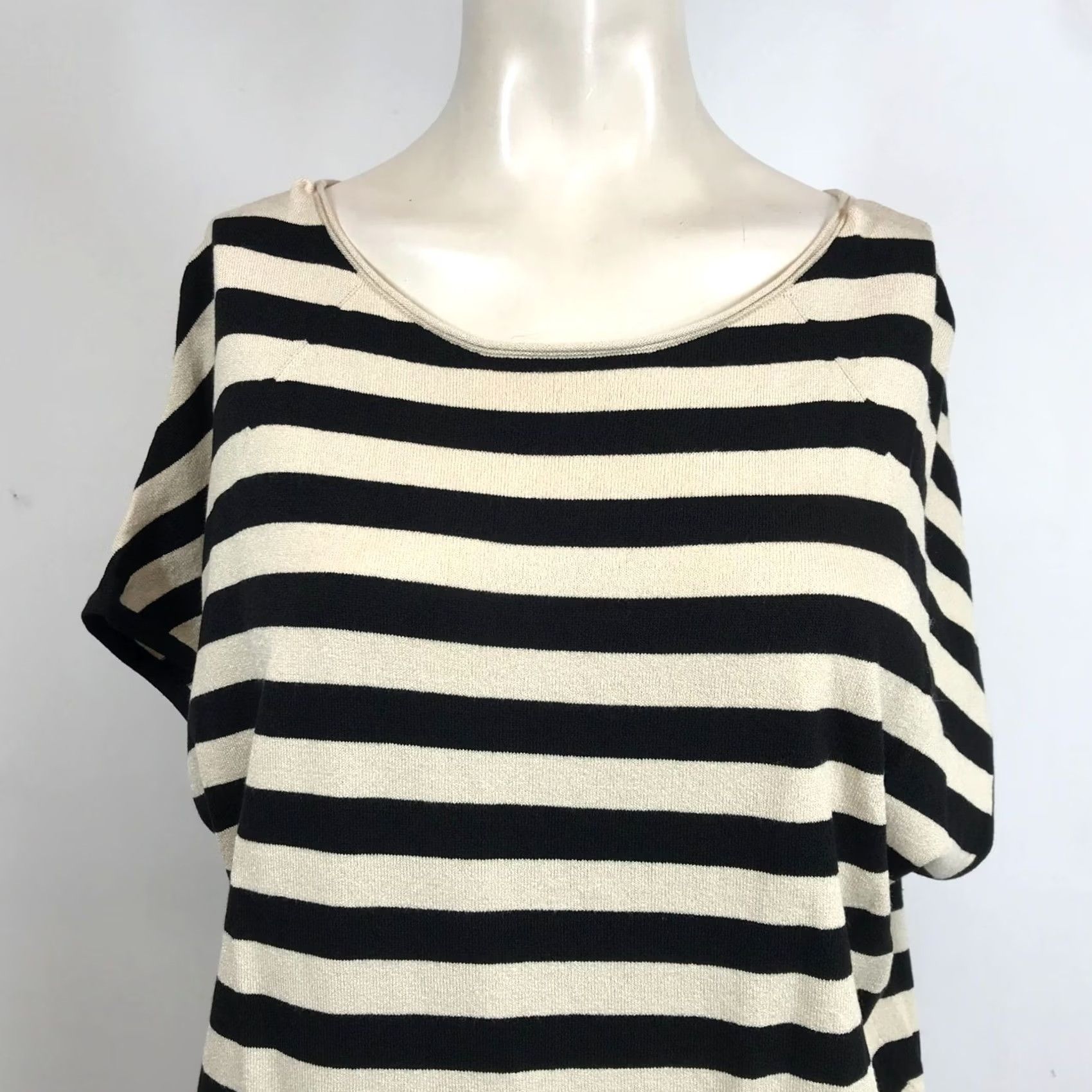 Loft LOFT Women's Medium Tan/Black Stripe Short Sleeve Round Neck Blouse Top Size M / US 6-8 / IT 42-44 - 2 Thumbnail