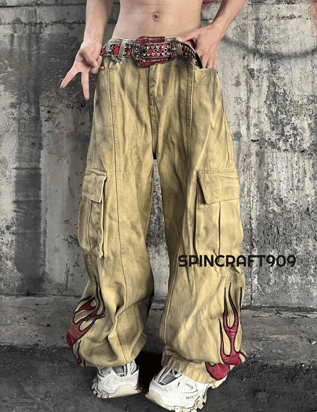 Jean Fire Graphic Print Cargo Baggy Stacked Flare Denim Jeans Size US 32 / EU 48 - 2 Thumbnail