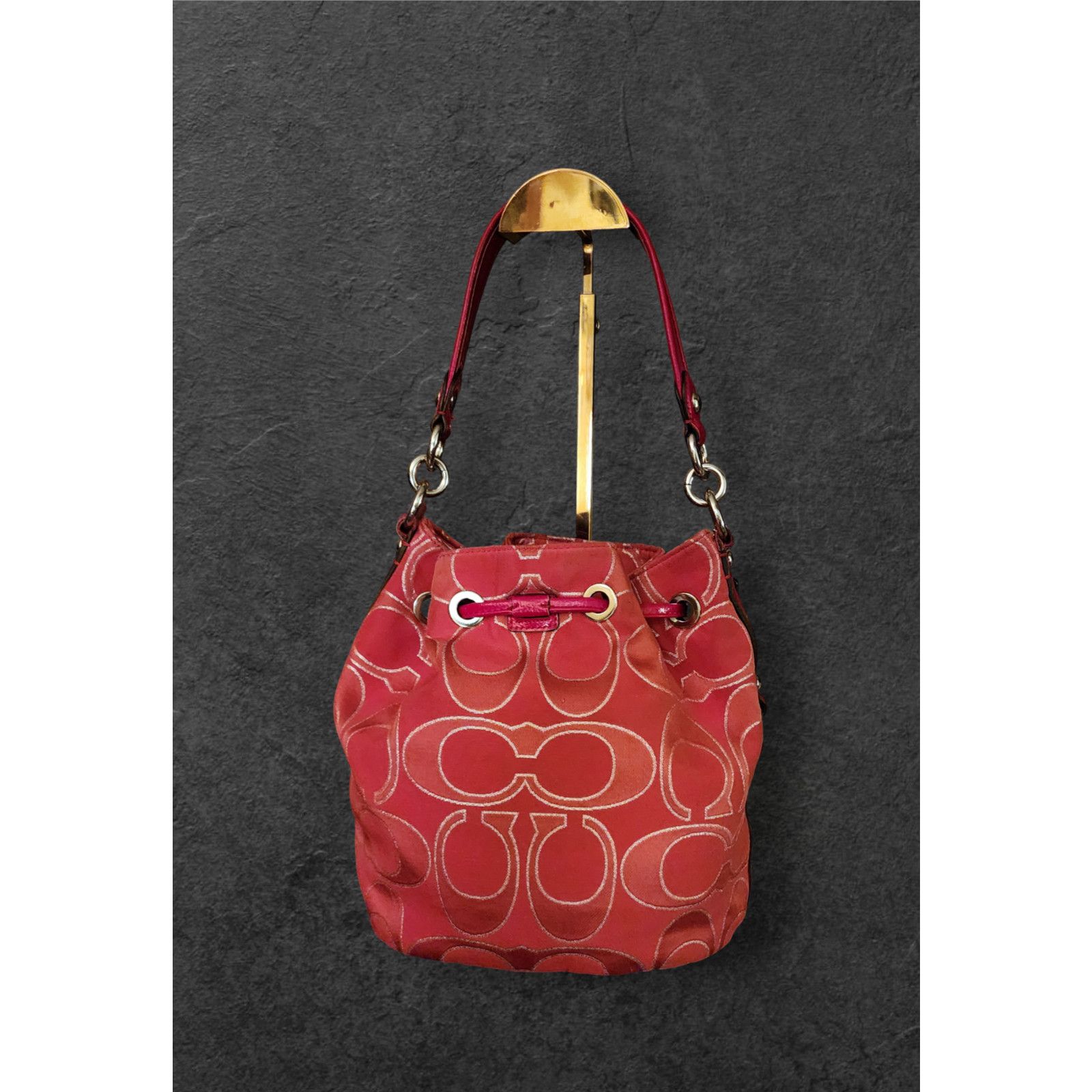 Coach Coach Poppy Signature Lurex draw string bag 17930 Red Silver Size ONE SIZE - 8 Thumbnail