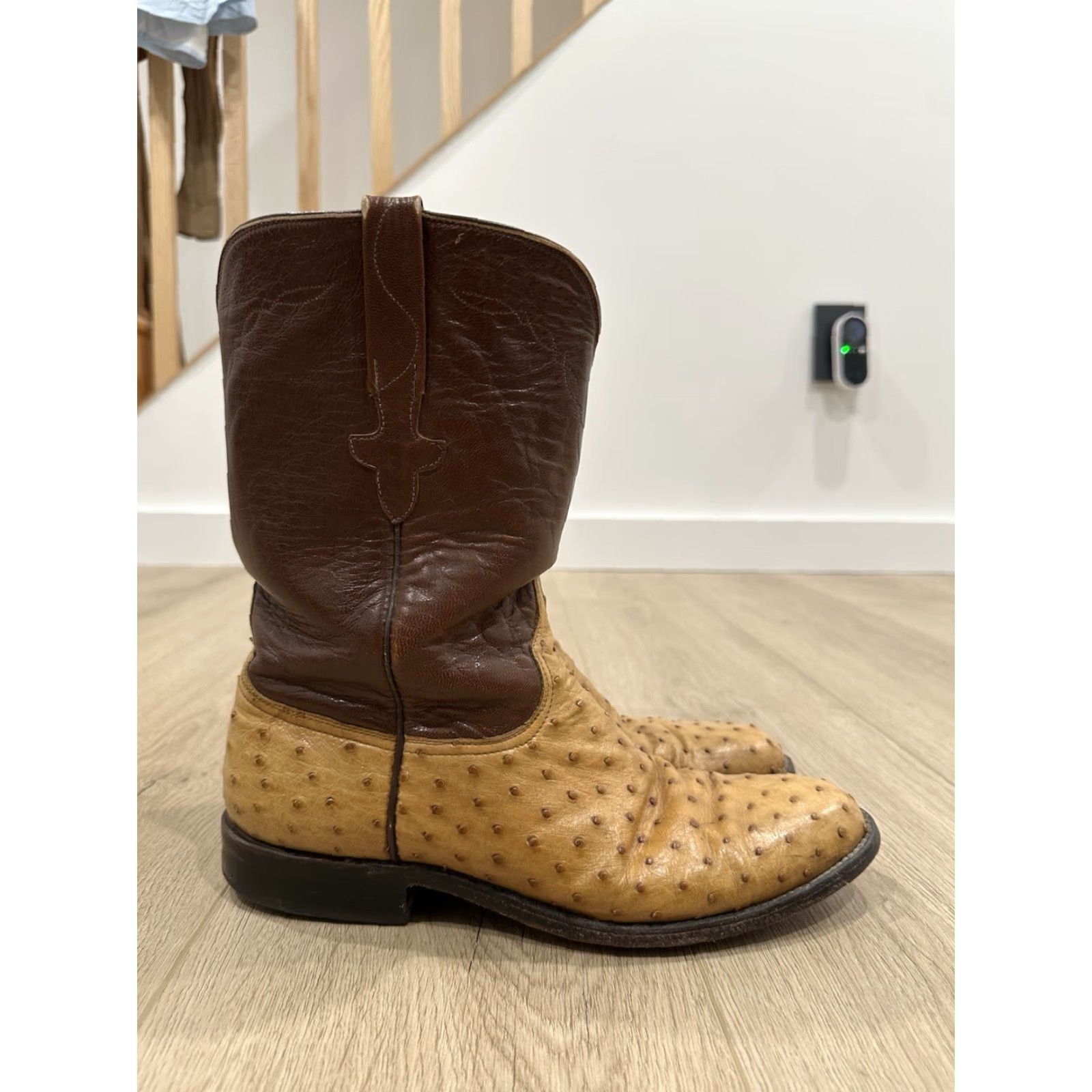 Roper Lucchese Boots Men 9B Full Quill Ostrich Roper L8128 Brown Leather Western Shoe Size 9 Mens Steps Pull On Size US 9 / EU 42 - 3 Thumbnail