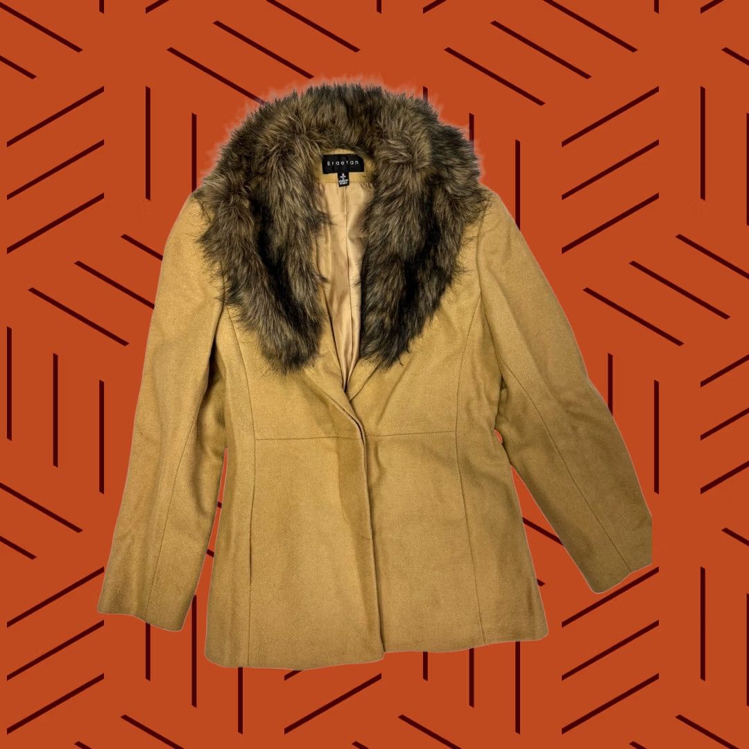 Vintage Braetan Women's S Small Coat Jacket Wool Blend Faux Fur Collar Tan Camel Dry Clean Size S / US 4 / IT 40 - 1 Thumbnail