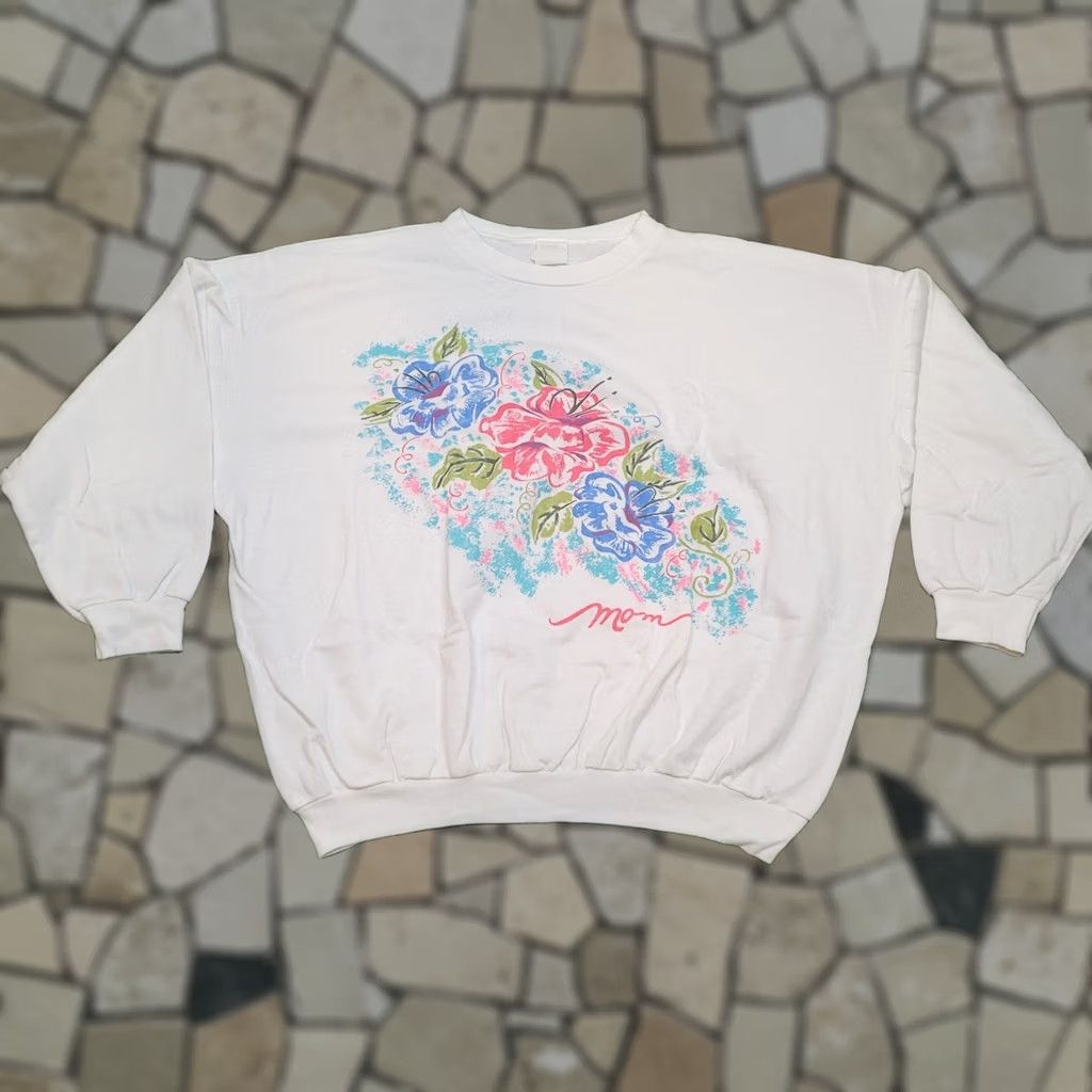 Vintage Mom Pastel Vintage 80s Sweatshirt Boxy Cropped Floral Batwing Knit XL White Fleece Size XL / US 12-14 / IT 48-50 - 1 Thumbnail