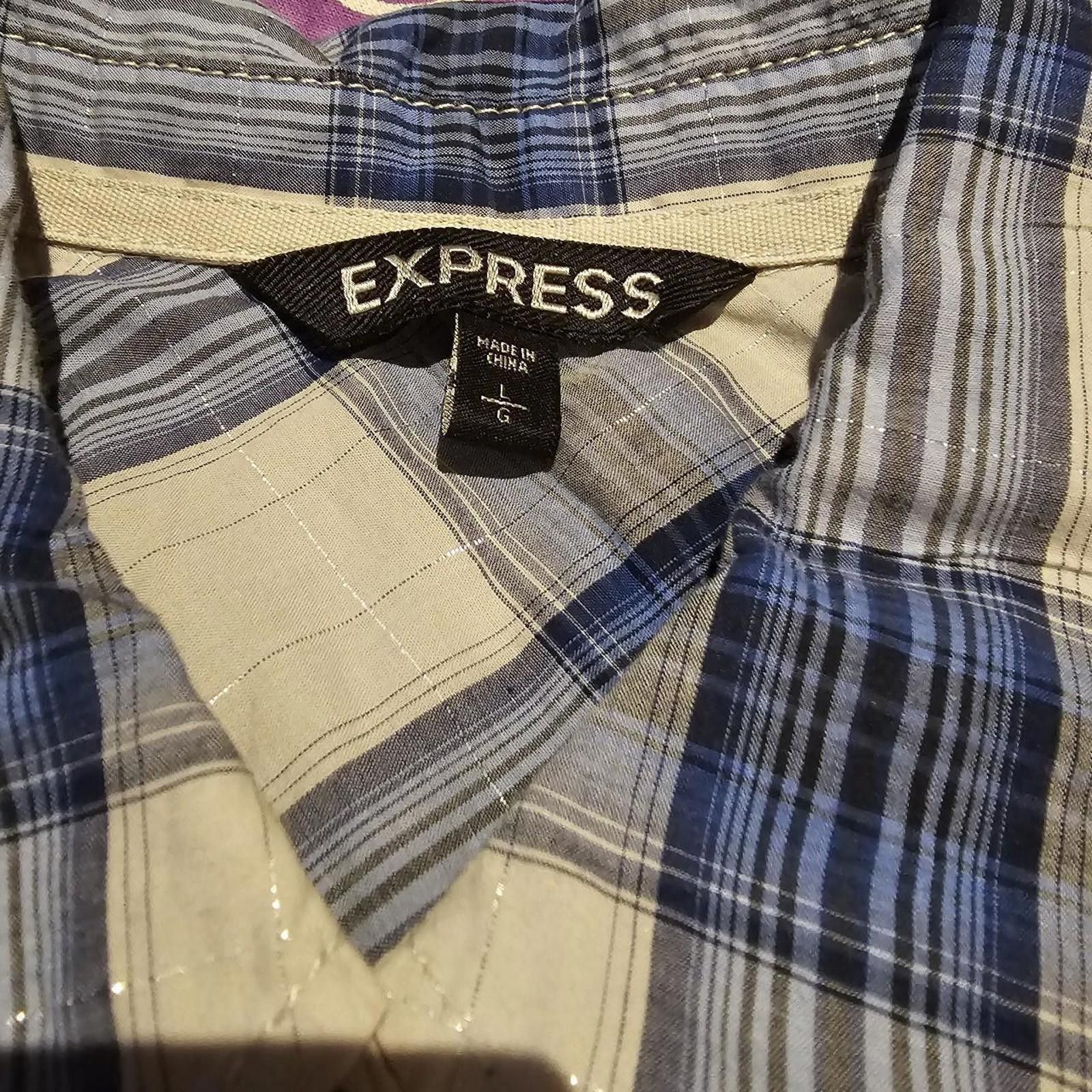 Express Express Women's White and Blue Plaid Shirt Size L / US 10 / IT 46 - 3 Thumbnail