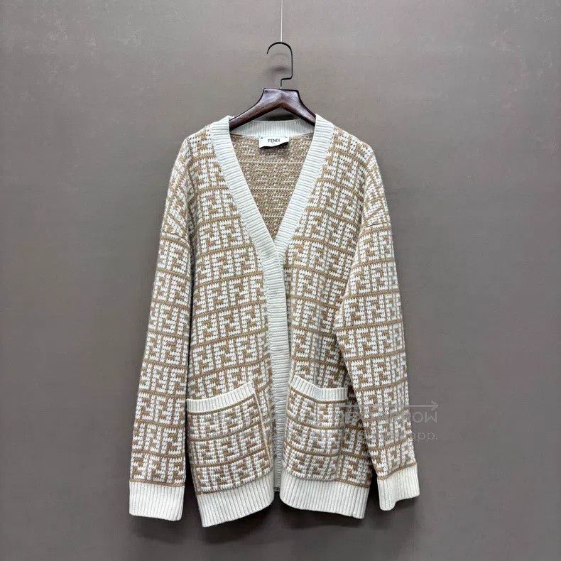 Fendi Light Coffee Color Full Print Double F Knitted Cardi