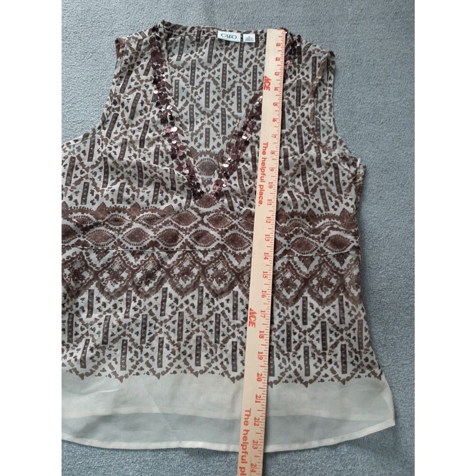 Vintage Cato Blouse Womens Top Sleeveless Size 8 Tan Brown Sequins Short Sleeve Round Neck Light Weight Womens Mens? Size M / US 6-8 / IT 42-44 - 3 Thumbnail