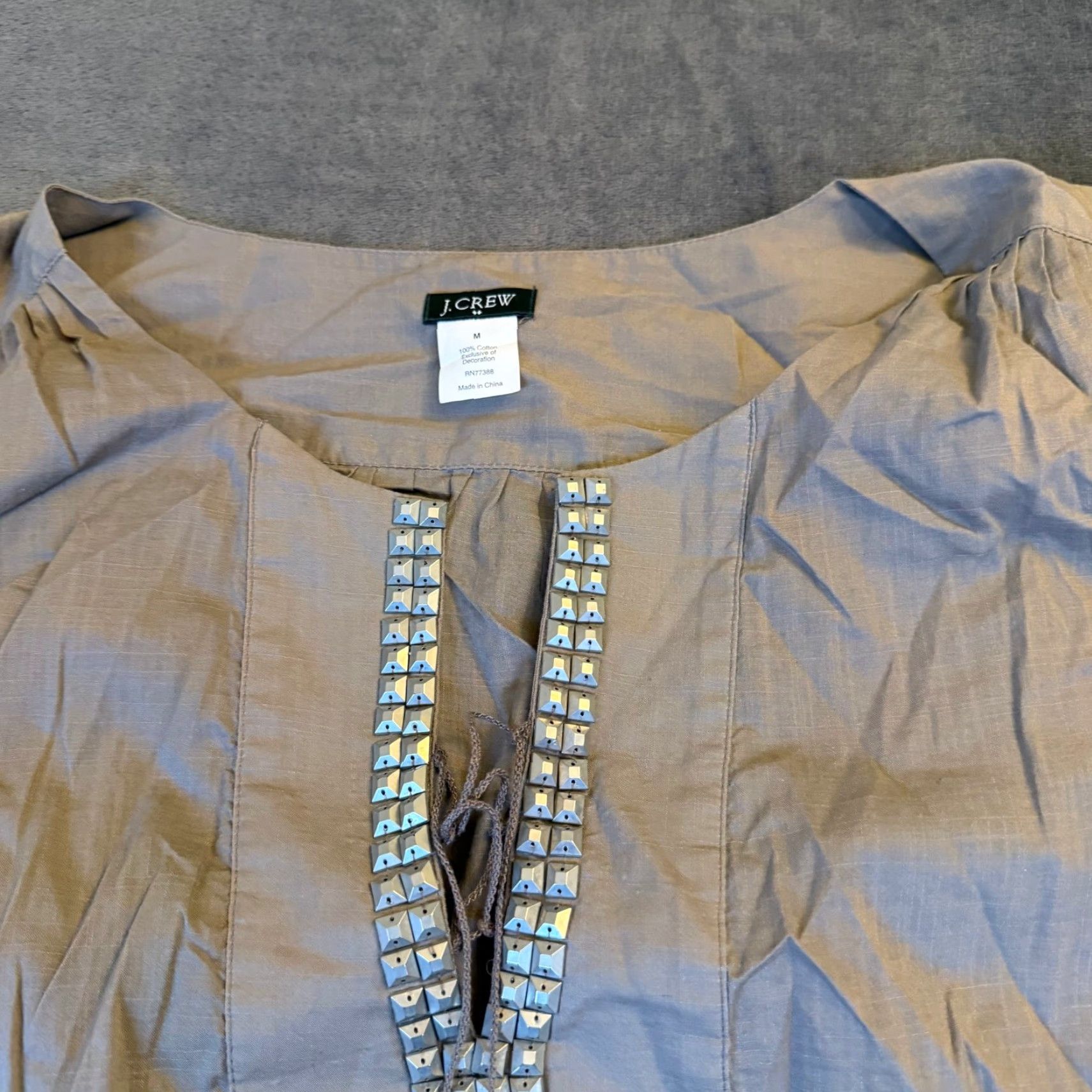 J.Crew J. Crew Tunic Top Embellished Neck Tassel Drawstring 3/4 Sleeve Womens Medium Beige Blouse Beach Casual Tie Women's Top Size M / US 6-8 / IT 42-44 - 3 Thumbnail