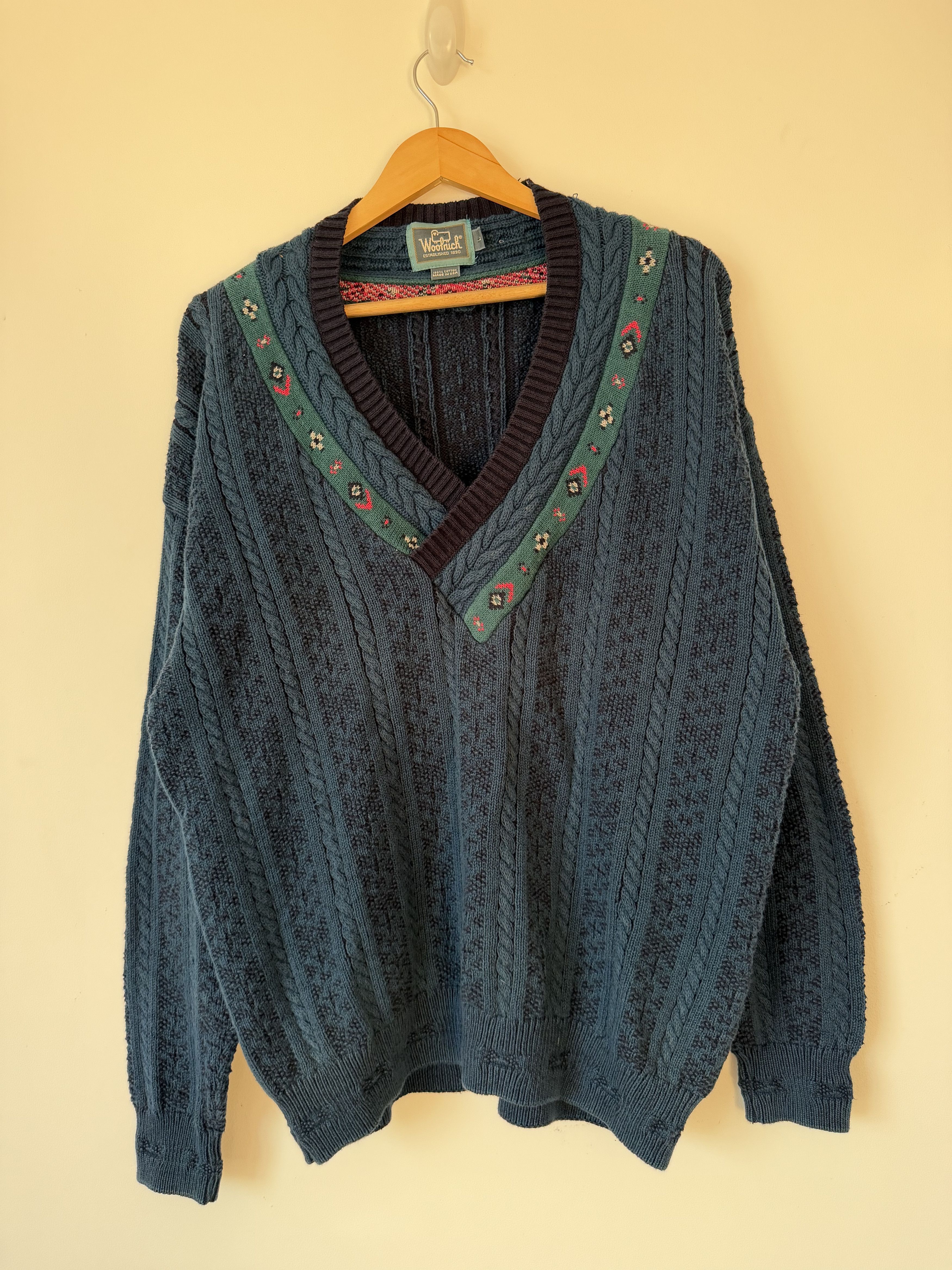 Woolrich Woolen Mills Woolrich Cable Knit Grandpa Sweater L USA Cotton V-Neck Size US L / EU 52-54 / 3 - 4 Thumbnail