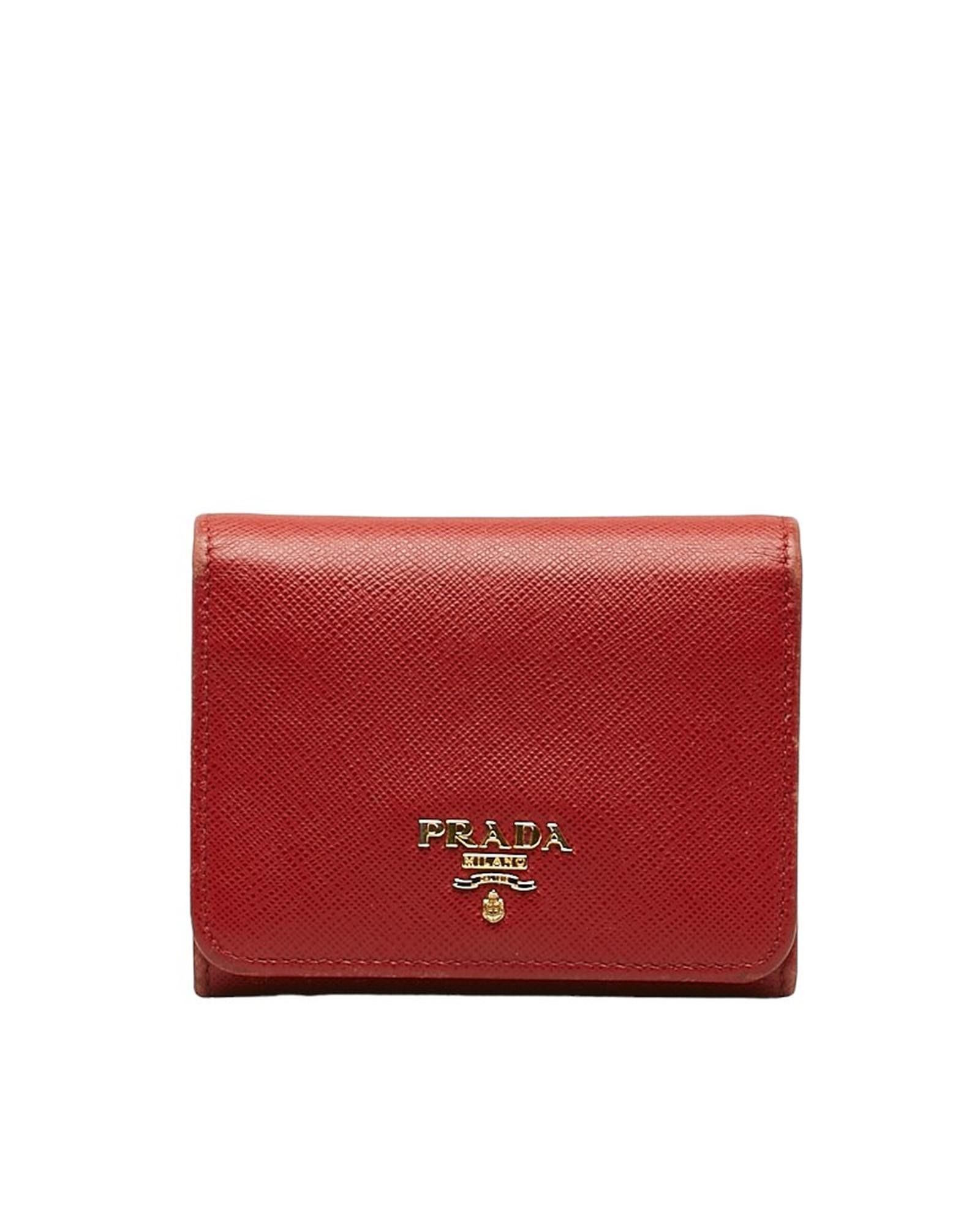 image of Prada Compact Trifold Wallet With Logo Detail In B Condition in Red, Women's