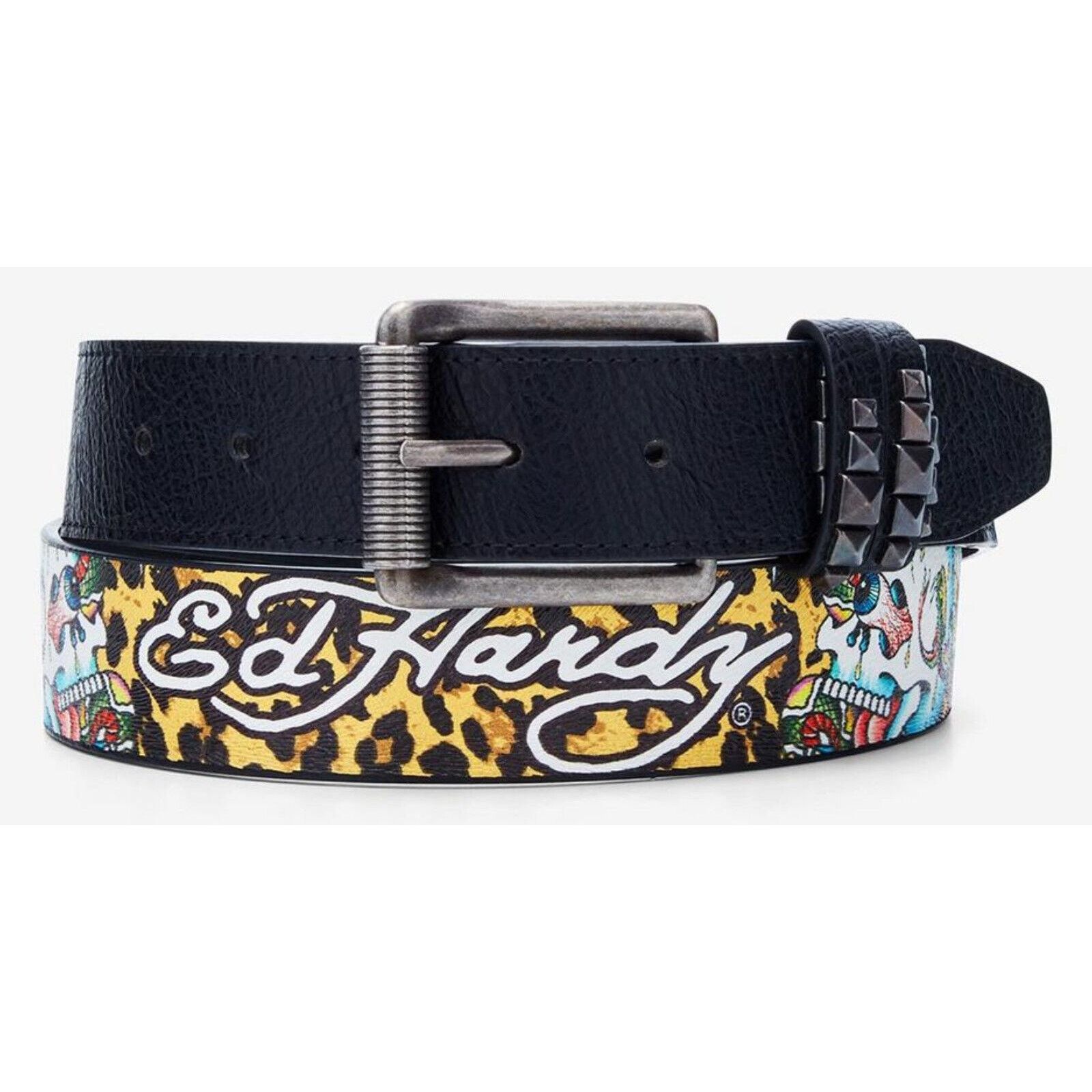 Ed Hardy Ed Hardy Leopard Skull Print Belt With Pyramid Rivet Studs Size 40 - 2 Thumbnail