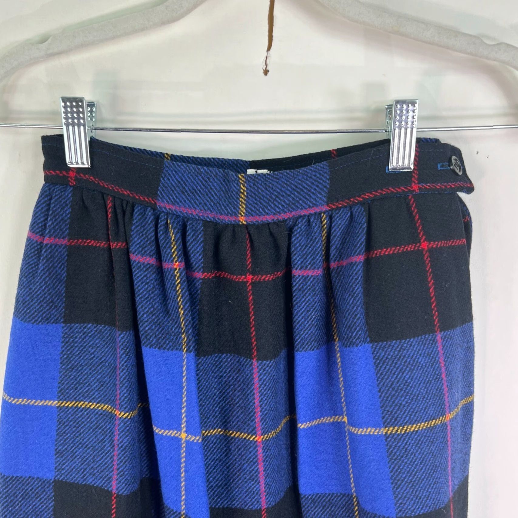 Vintage VINTAGE 100% WOOL Pleated A-Line Skirt - Blue Check Tweed Button Side Midi Women Size 4 USA Brand Unbranded Women Size 27" / US 4 / IT 40 - 3 Thumbnail