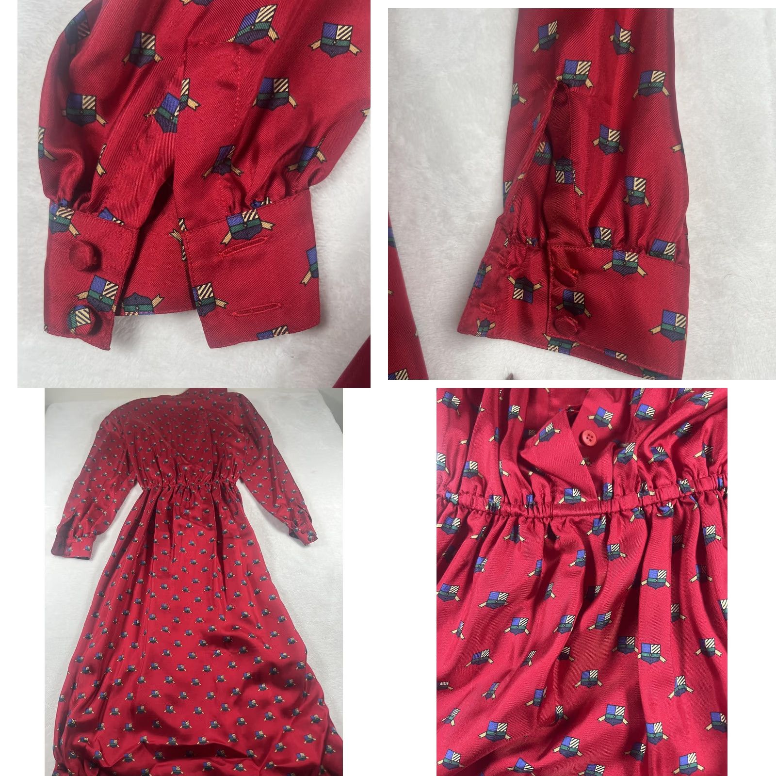 Vintage Frank Young Silk Shirt Dress Womens 6 Red Geometric Print Elastic Waist Buttons Size M / US 6-8 / IT 42-44 - 8 Thumbnail