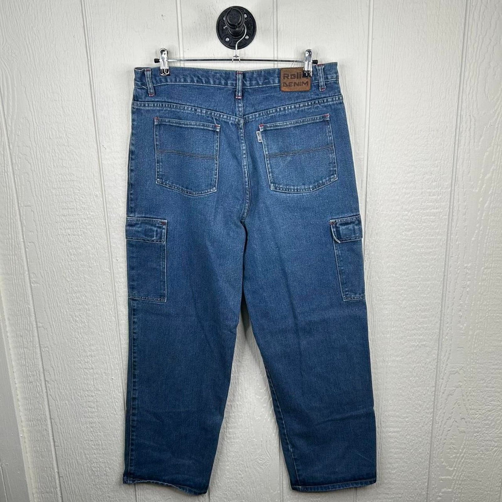 Other Vintage 90s Reliq Denim Heavy Weight Cargo Baggy Jeans 36x30 Size US 36 / EU 52 - 7 Thumbnail