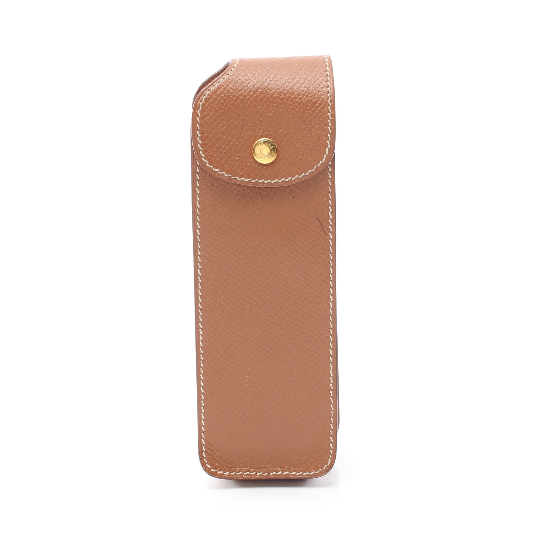 image of Hermes Pencil Case Courchevel Light Brown Gold Hardware □C Stamp, Women's