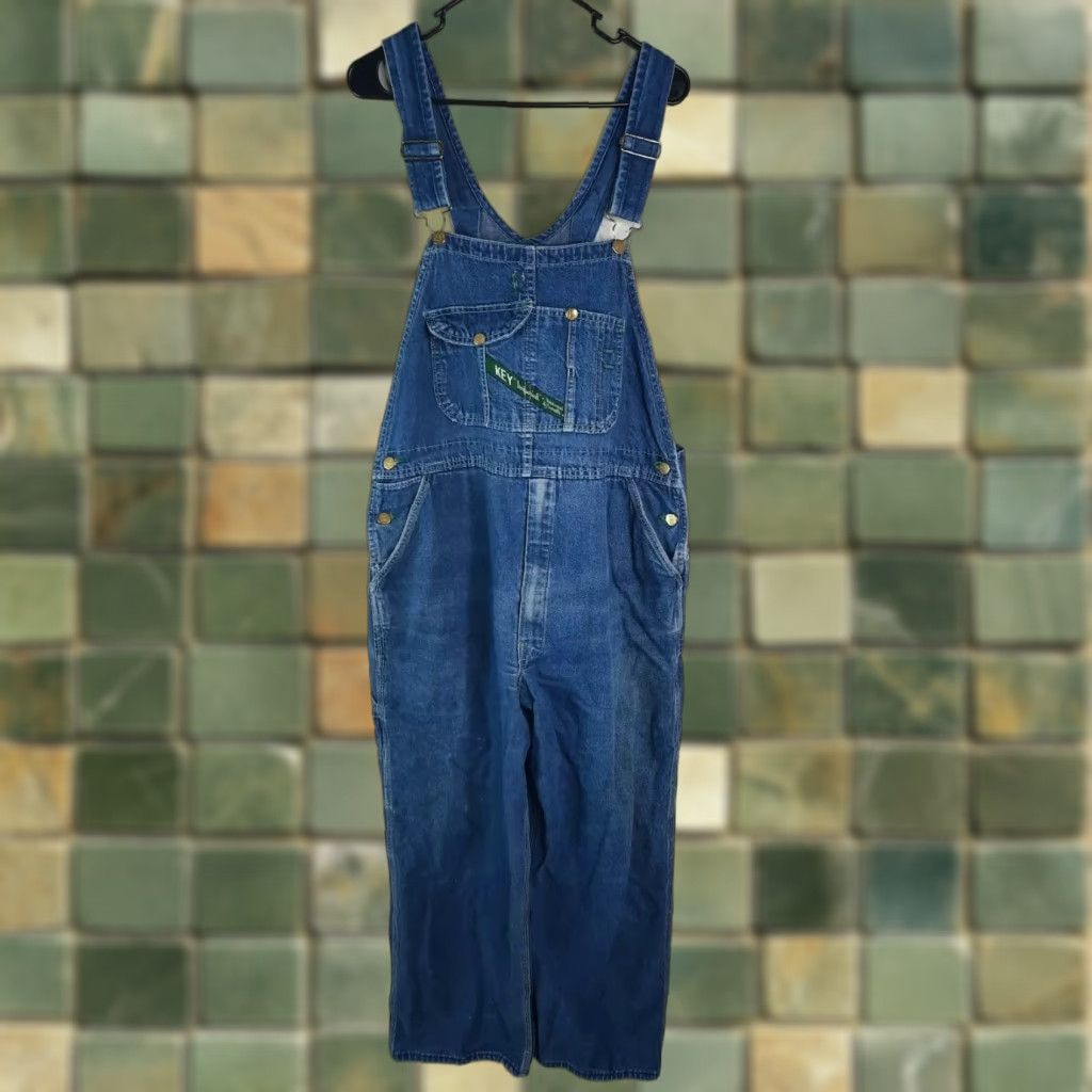 VINTAGE Key Imperial Overall Coverall Denim Hi-Back Bib Men 40x29 38W X 27L USA Zip Fly Button & Zip Blue Denim Cotton Regular Mens Overalls