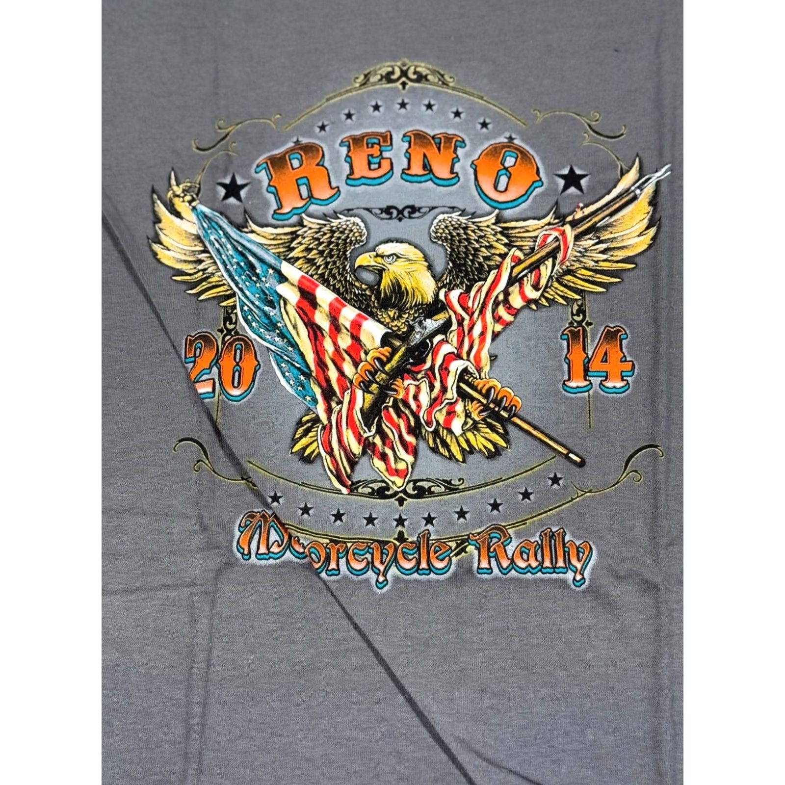 Gildan Mens XL Gray T Shirt Double Side Graphic Eagle Reno Motorcycle Rally 2014 Y2K Size US XL / EU 56 / 4 - 3 Thumbnail