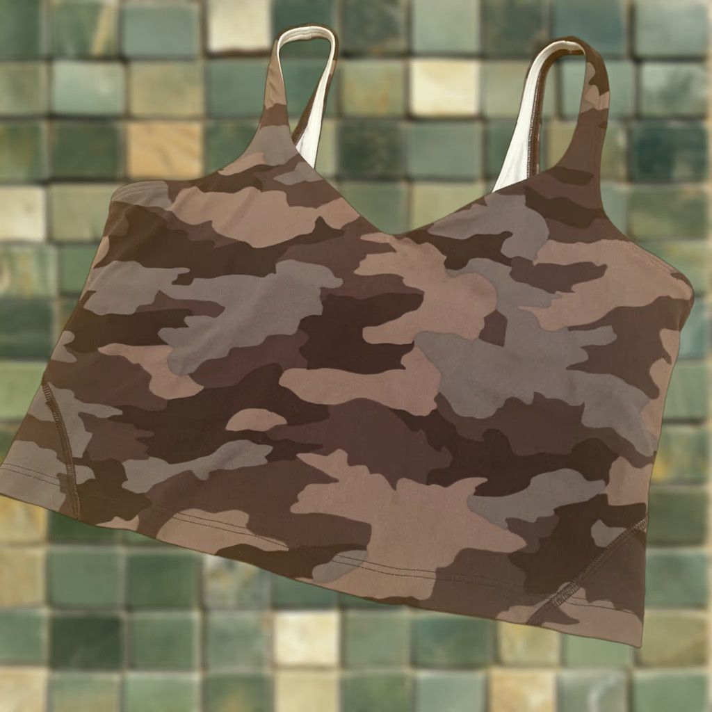 Lululemon VINTAGE Lululemon Align Tank Women Tank Cropped 6 Brown Camo Low Back Built-In Bra Yoga Compression Size ONE SIZE - 1 Thumbnail