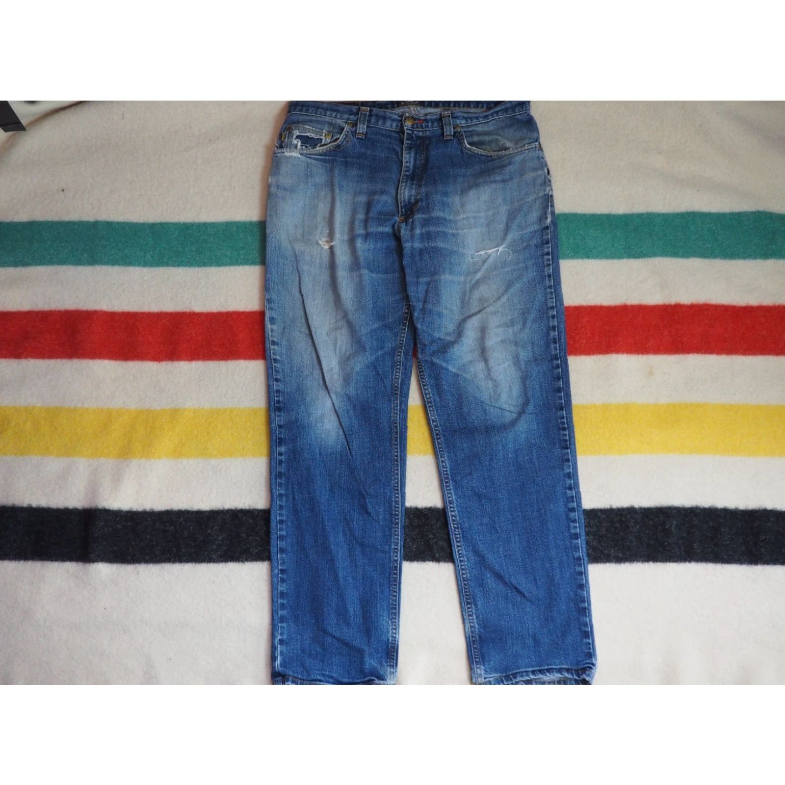 Denime VTG 90s Diamond Gusset Jeans Blue Denim 36x32 - Straight Leg - Faded Distressed Rockabilly USA 36 Mens Womens Boys Girls Size US 36 / EU 52 - 2 Thumbnail