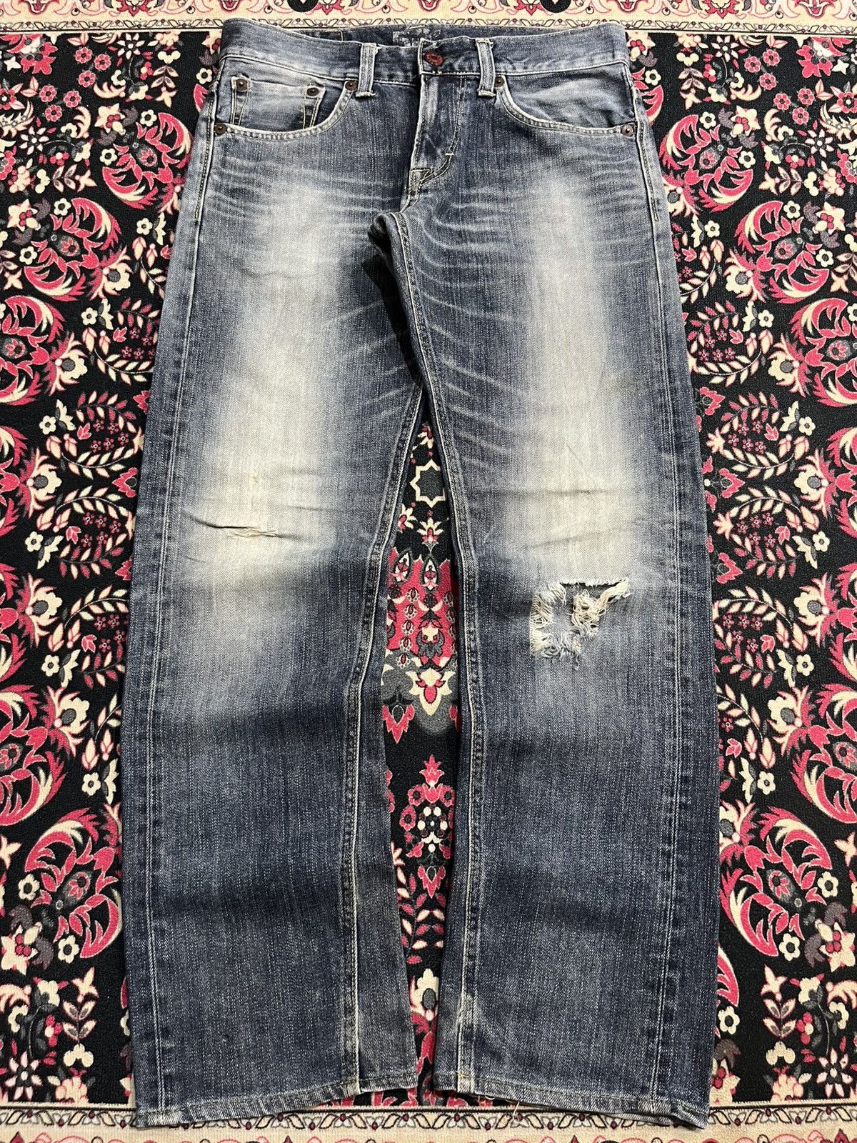 Edwin Edwin 503 Blue Trip Blue Washed Distressed Straight Jeans Size US 30 / EU 46 - 1 Thumbnail