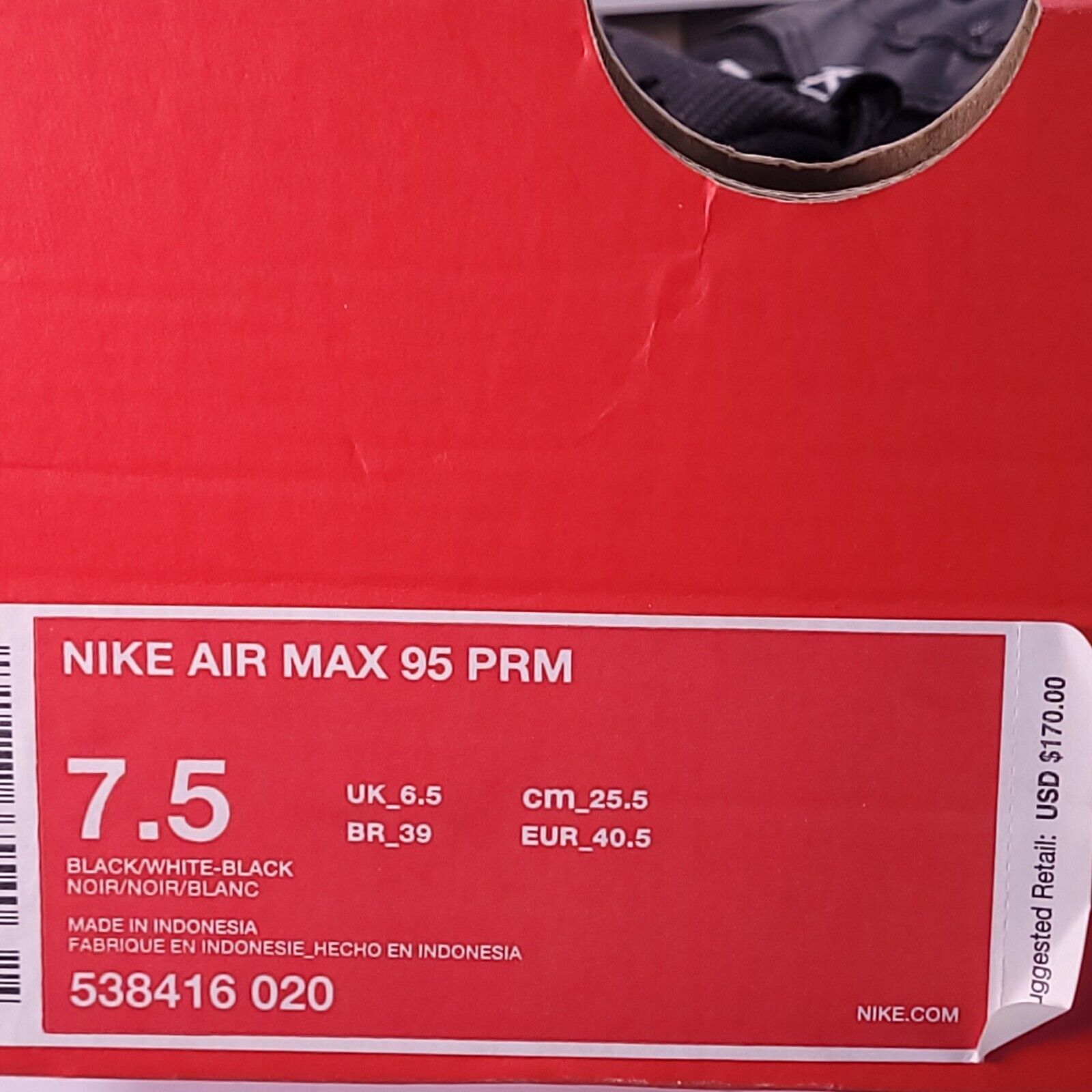 Nike Nike Air Max 95 PRM Shoe Men Size 7.5 538416-020 Black White Size US 7.5 / EU 40-41 - 9 Thumbnail