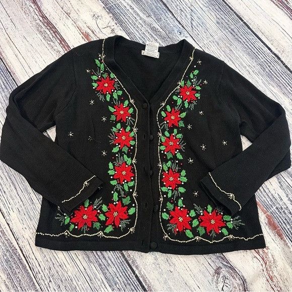 Vintage Vintage Christmas Beaded Black Cardigan with Red Floral Embr Size L / US 10 / IT 46 - 2 Thumbnail