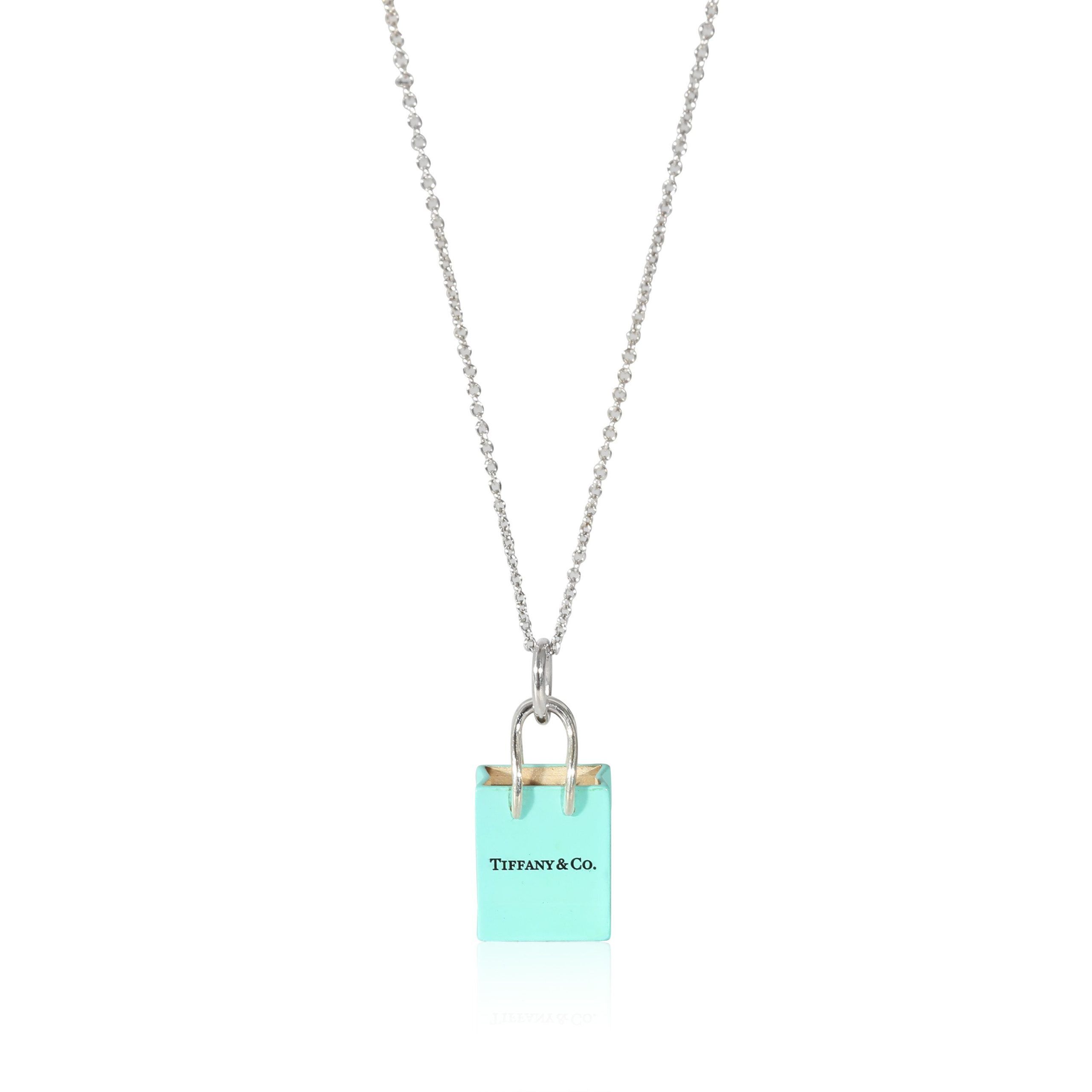 Tiffany & Co. Blue Enamel Shopping Bag Charm Necklace in Sterling Silver