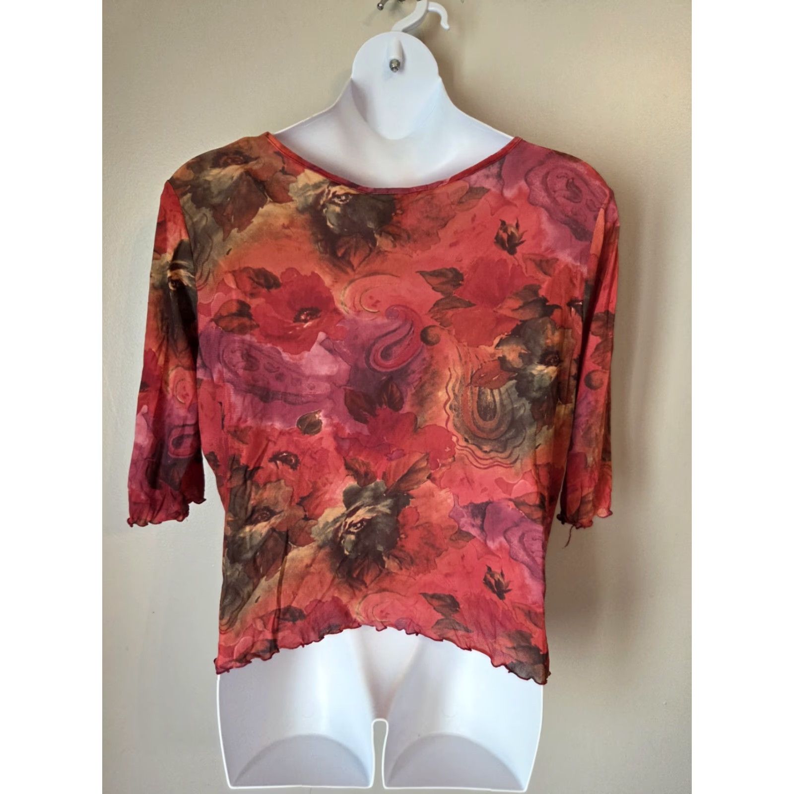 Avenue Avenue Red Floral Beaded Lightweight Top Boho 22/24 Plus Size Lightweight Beaded Neck Round 3/4 Sleeve Womens Blouse Size 3XL / US 20-22 - 5 Thumbnail