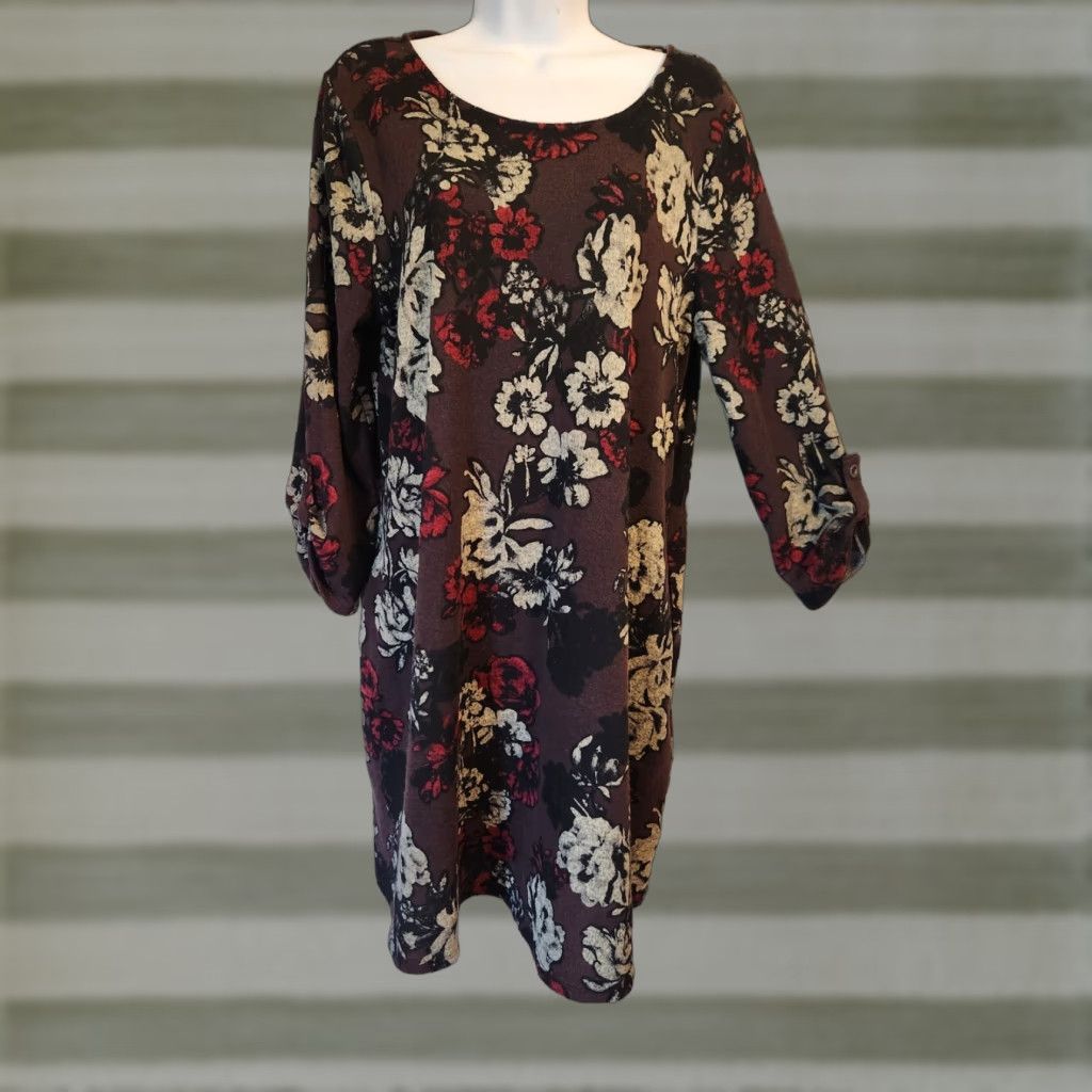 Apt. 9 Apt 9 Burgundy Floral Print Roll Tab Sleeve Mini Dress L Dress Women Short Sleeve Round Neck Colorful 90s Style Size L / US 10 / IT 46 - 1 Thumbnail