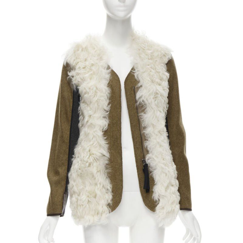Marni MARNI 2011 cream lamb shearling fur brown wool sleeves winter coat IT38 XS Size XS / US 0-2 / IT 36-38 - 1 Thumbnail