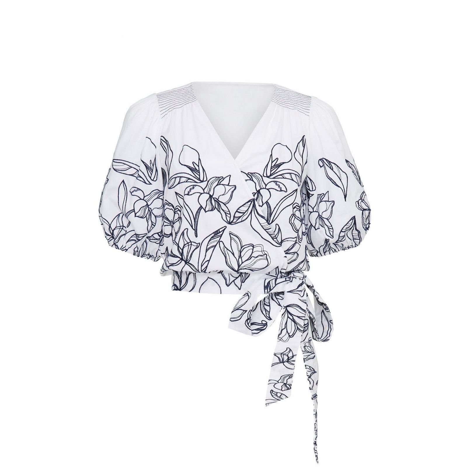 Tanya Taylor Tanya Taylor 4 White Blue Leiria Floral Tie Waist Wrap Top Size S / US 4 / IT 40 - 1 Thumbnail