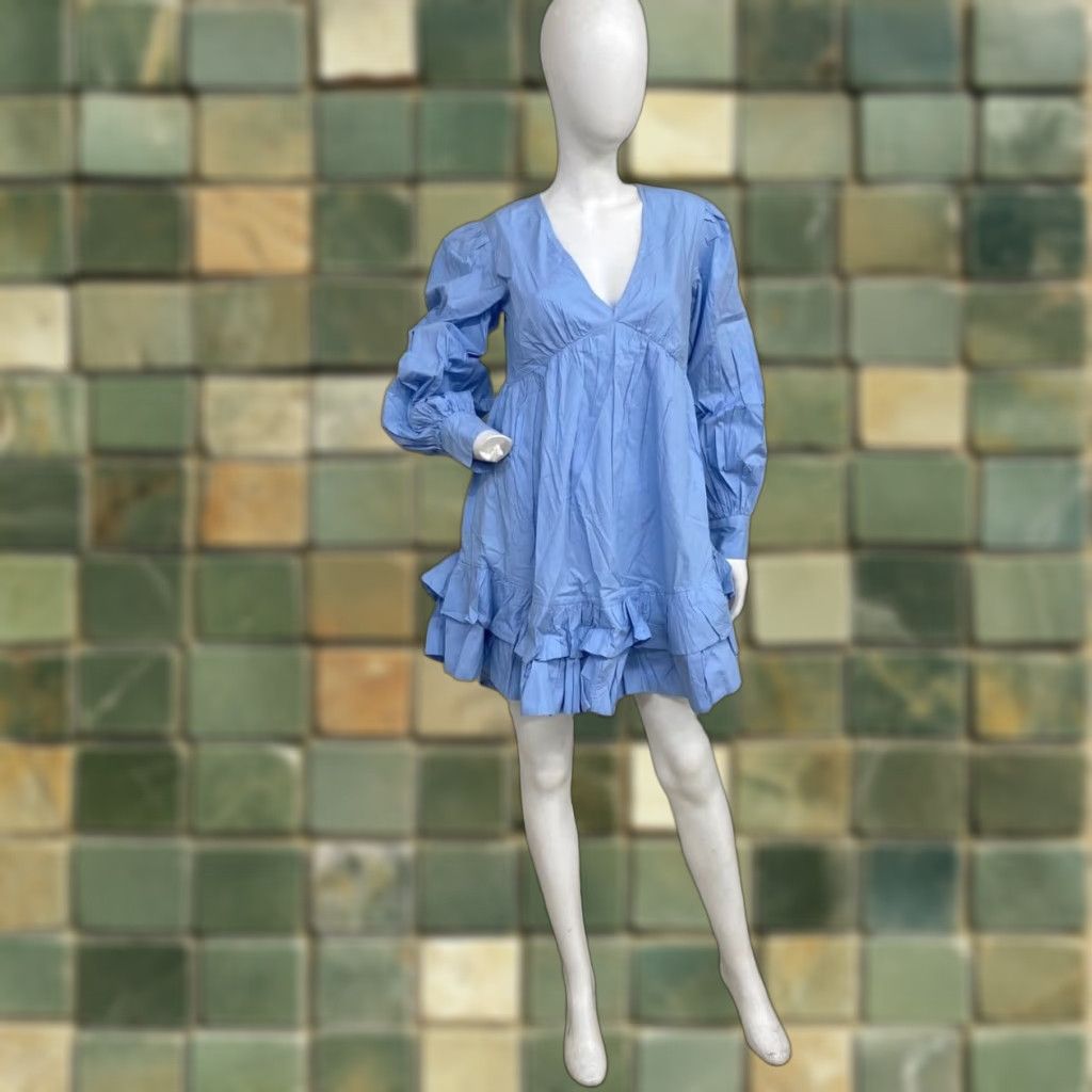MAEVE By Anthropologie Long-Sleeve V-Neck Ruffle Mini Dress Women's S Blue