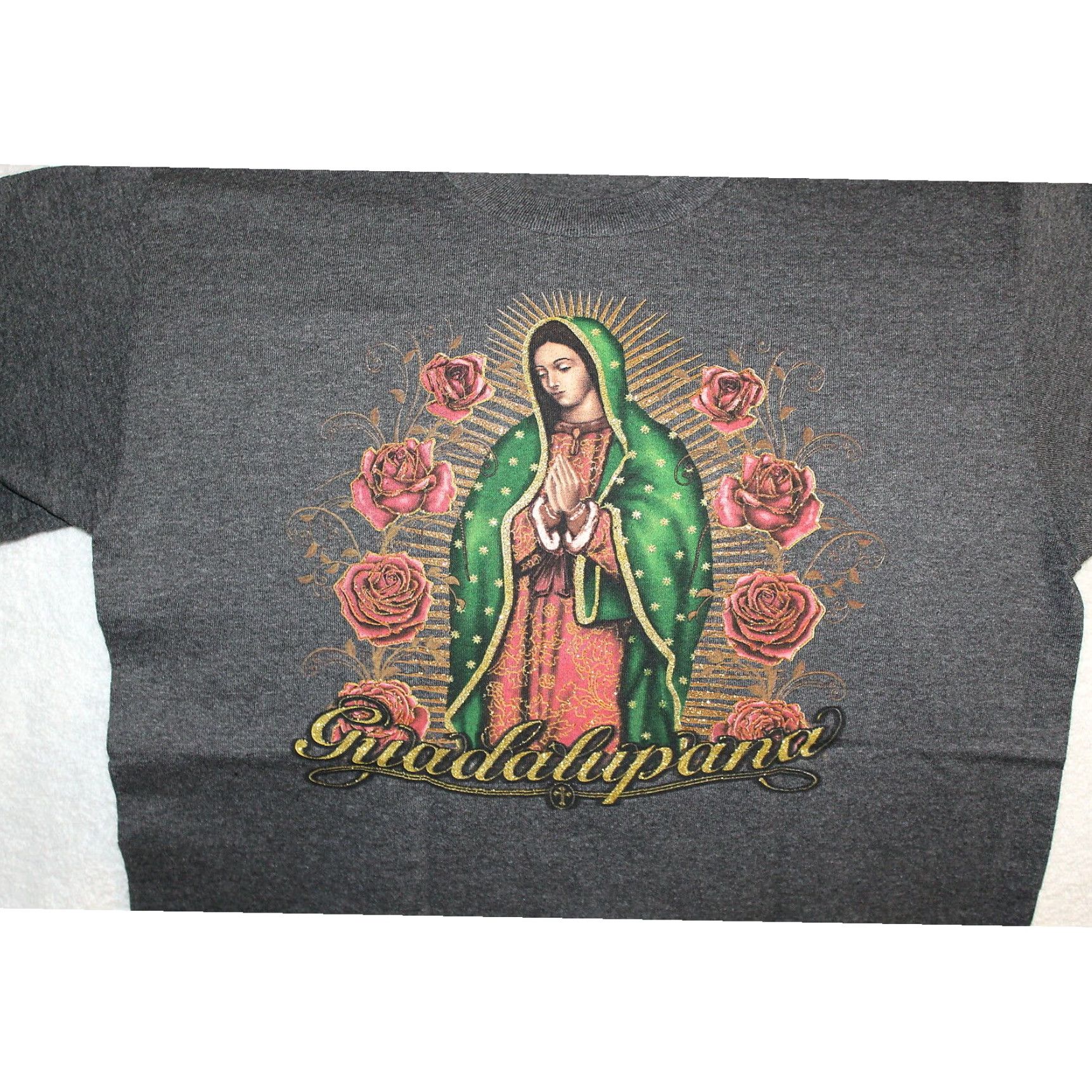 Vintage GUADALUPE VIRGIN MARY T-Shirt, Charcoal Gray, Adult Medium, Graphic Tee, Unisex Size US L / EU 52-54 / 3 - 4 Thumbnail