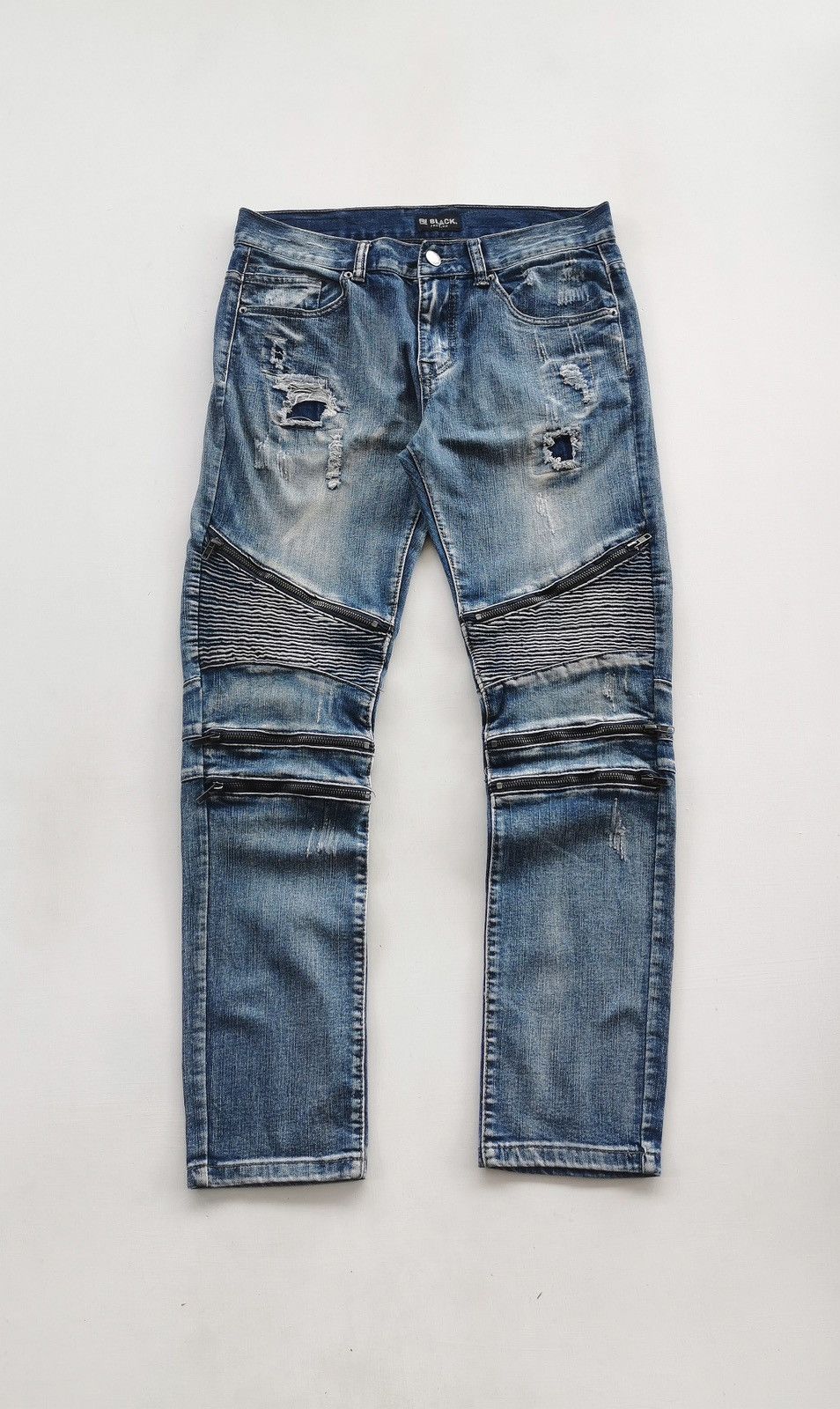 Seditionaries Black Premium Distressed Zipper Biker Denim Size US 32 / EU 48 - 2 Thumbnail