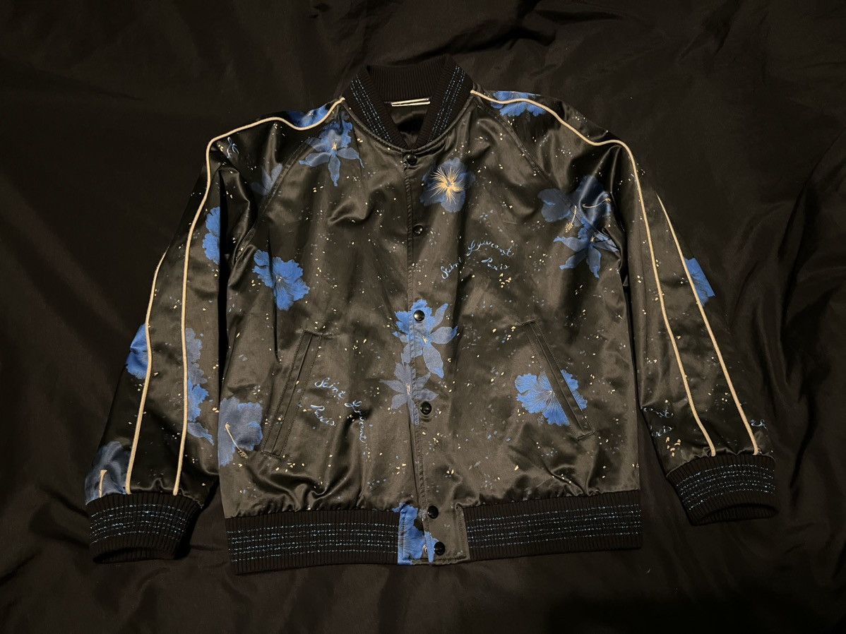 image of Saint Laurent Paris Teddy Jacket Hibiscus Floral Print in Black, Men's (Size Medium)