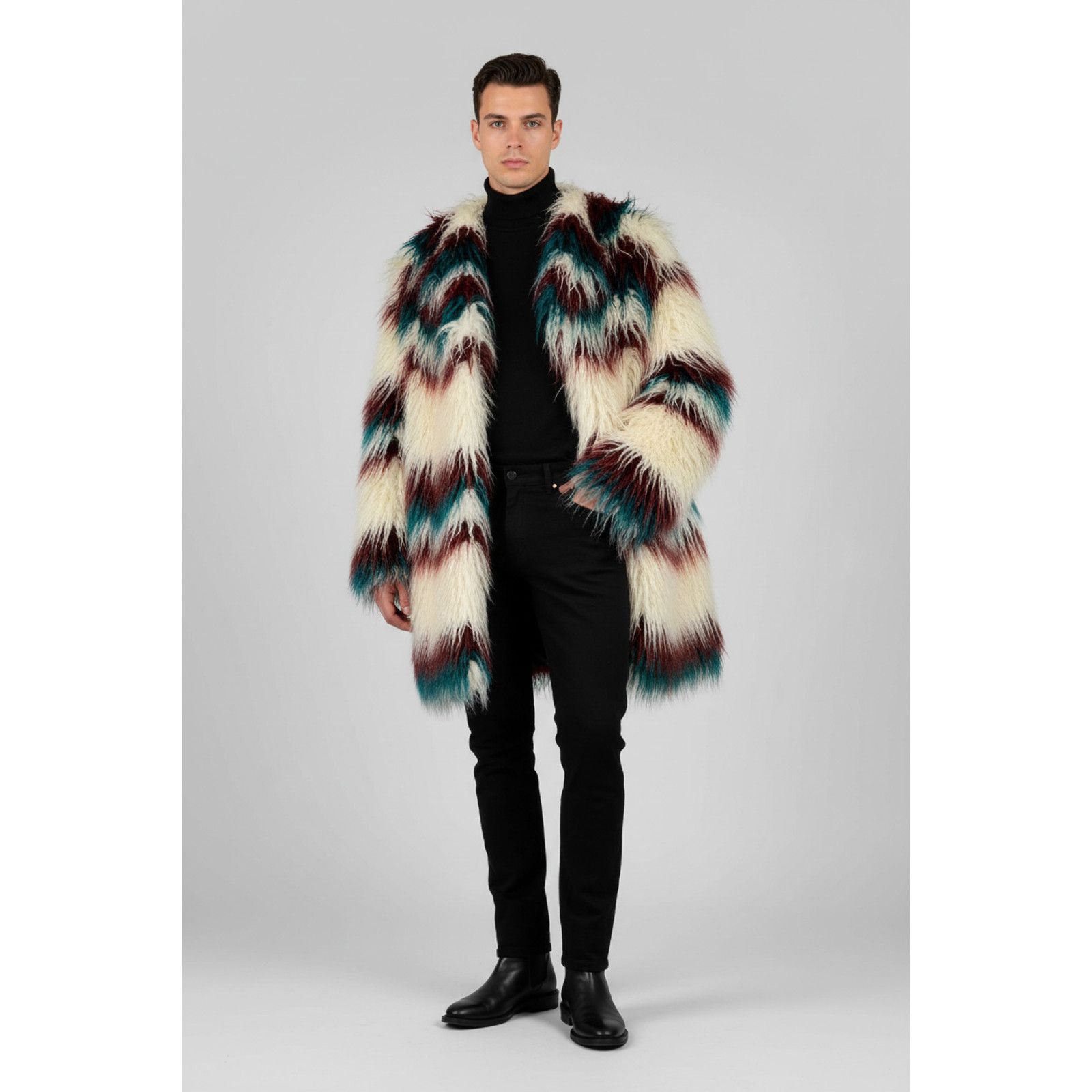 FRIED RICE FRIED RICE One Size White Burgundy Teal Stripe Faux Fur Coat Size US M / EU 48-50 / 2 - 2 Thumbnail