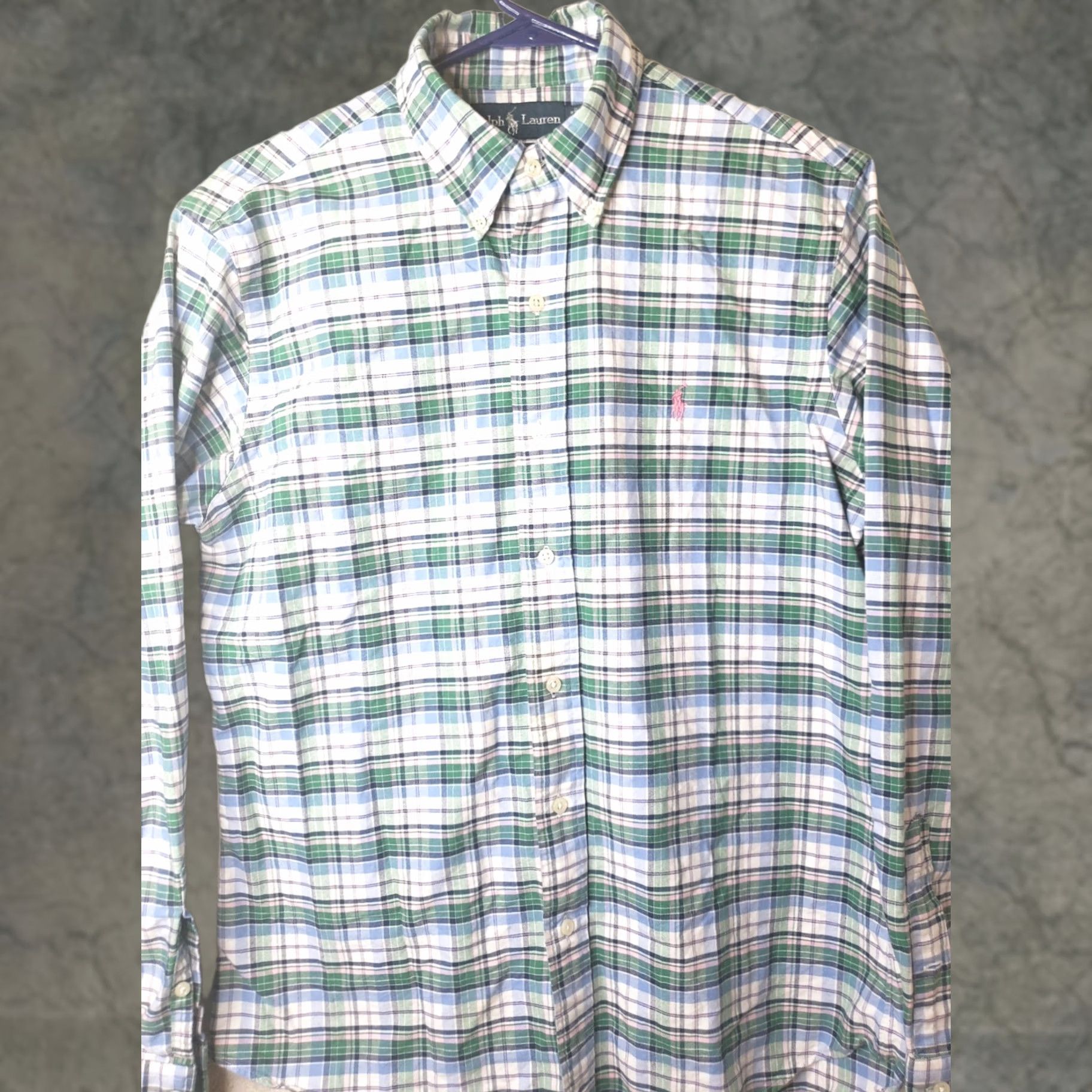 Polo Ralph Lauren Polo Ralph Lauren Men's L/S Dress Shirt Size Medium Classic Fit Plaid Green Pink Shark? Size 40R - 1 Thumbnail