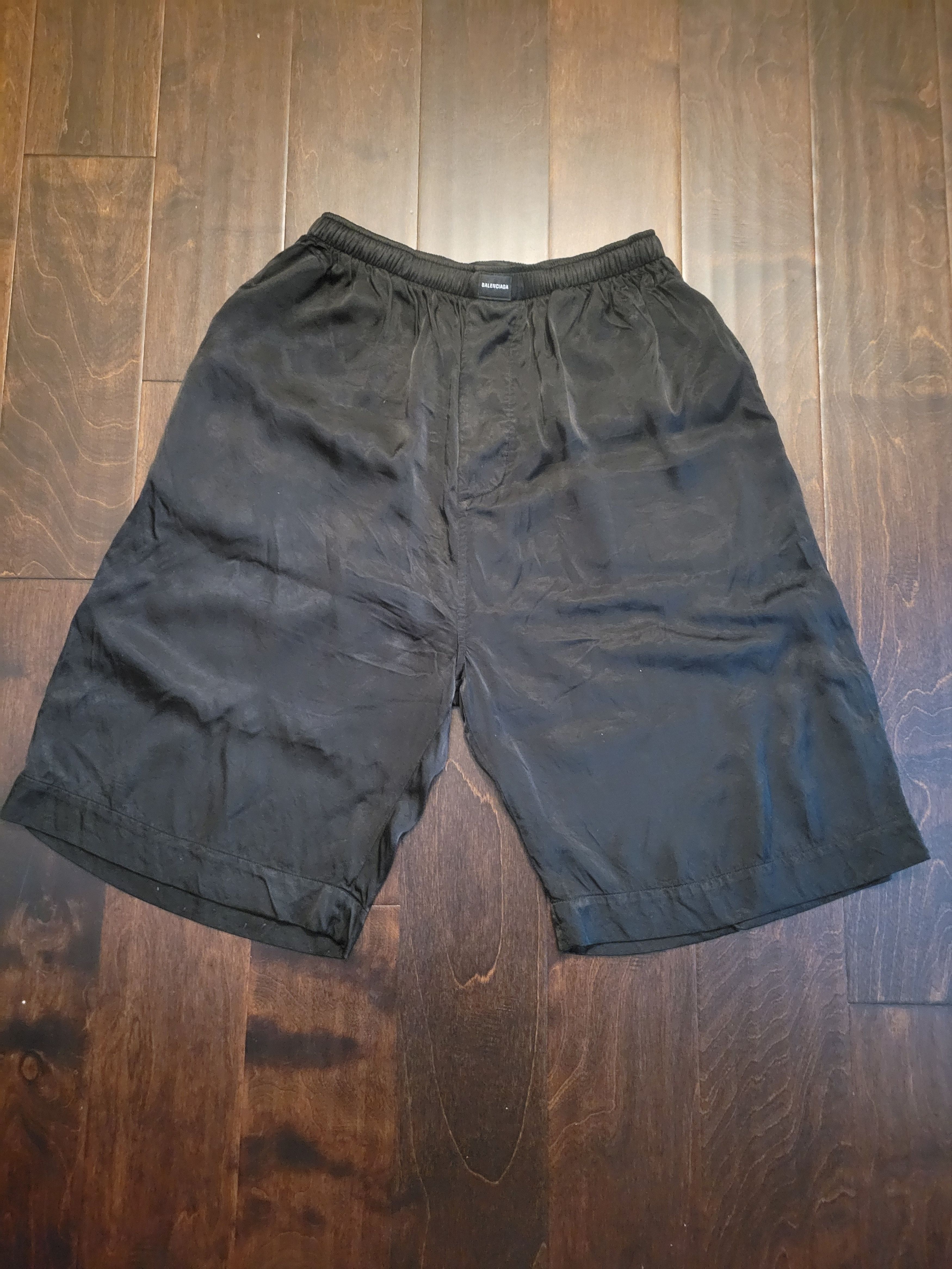 image of Balenciaga Homewear Black Silk Oversized Shorts, Men's (Size 32)