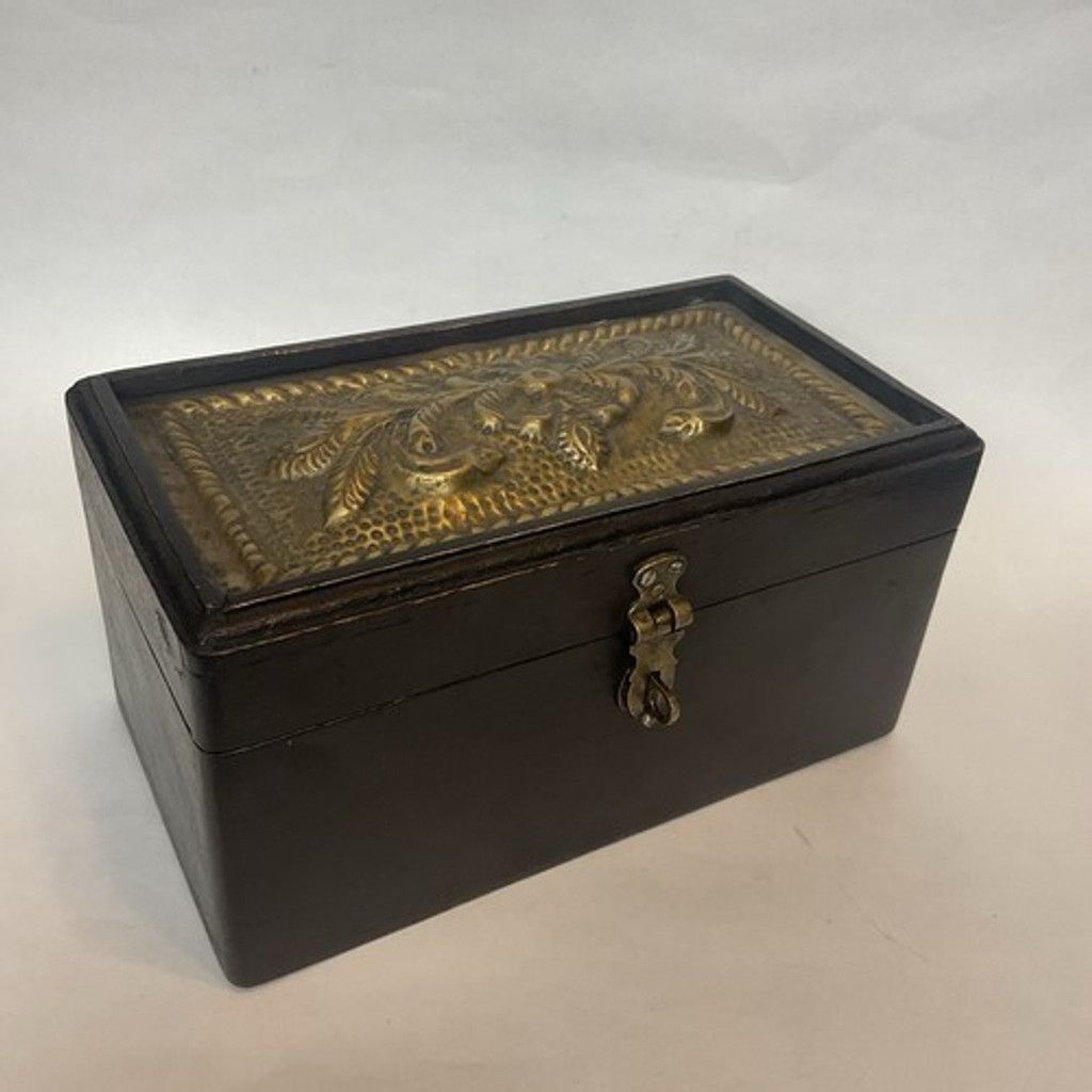 Handmade VTG Dark Brown Wooden Box W/Metal Decorative Brass OrnateTop Size ONE SIZE - 13 Thumbnail