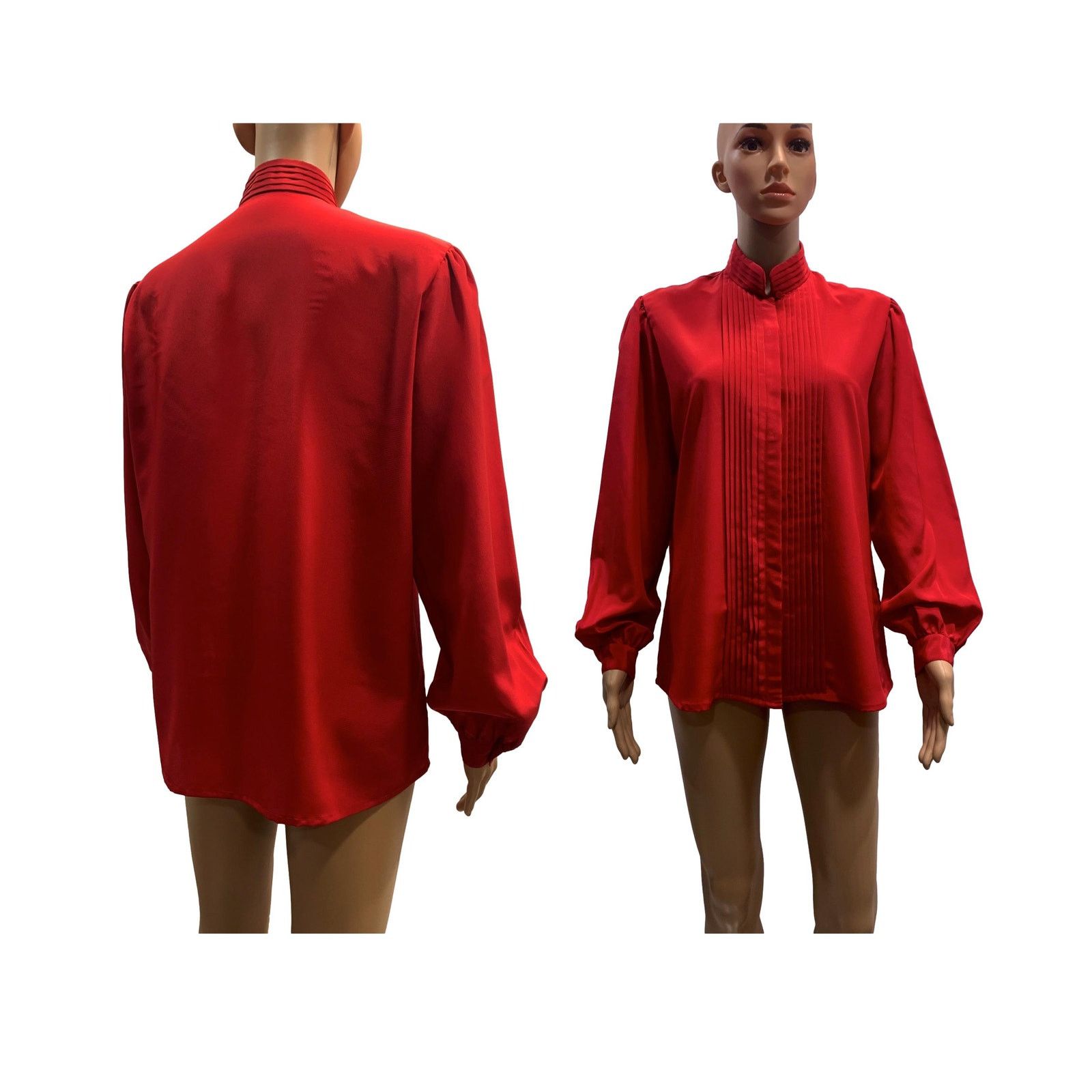 Vintage 70s Red High Collar Secretary Blouse with Pleats | M/L Size M / US 6-8 / IT 42-44 - 8 Thumbnail