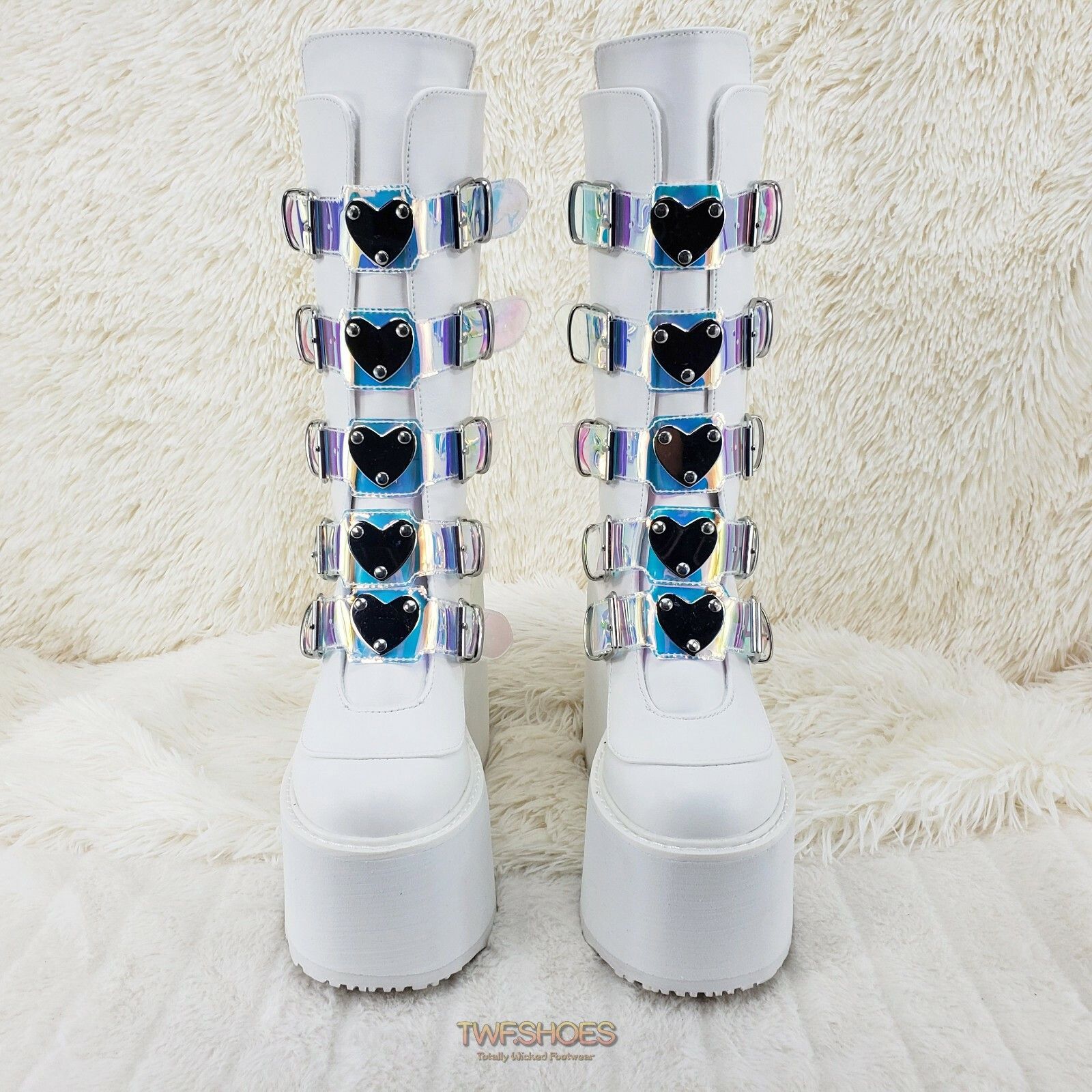 Other Cyber Swing 230 White Boot 5.5" Platform Heart Hologram Stra Size US 7 / IT 37 - 6 Thumbnail