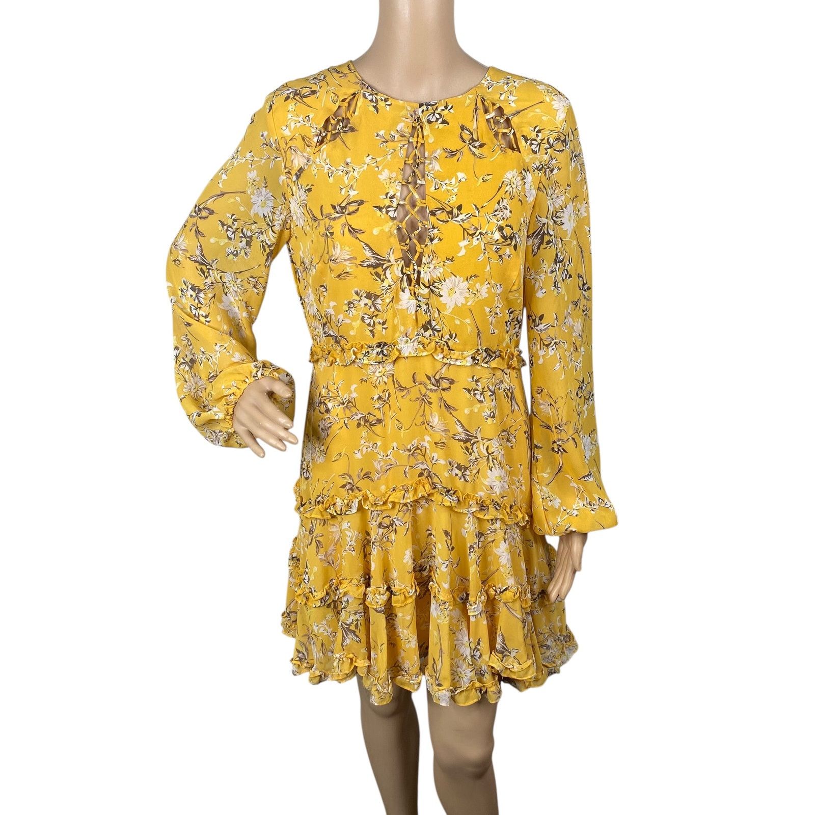 Anthropologie Bardot Yellow Floral Lace Up Ruffle Romantic Mini Dress SZ 8 Size M / US 6-8 / IT 42-44 - 4 Thumbnail