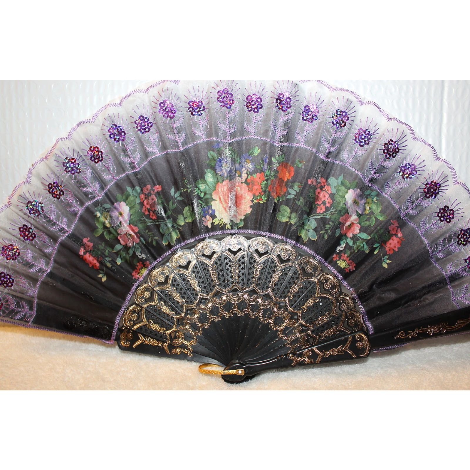 Vintage SMALL HAND FAN with Flowers and Sequin Embellishments - 16 Inch Wide - Unbranded Size ONE SIZE - 2 Thumbnail